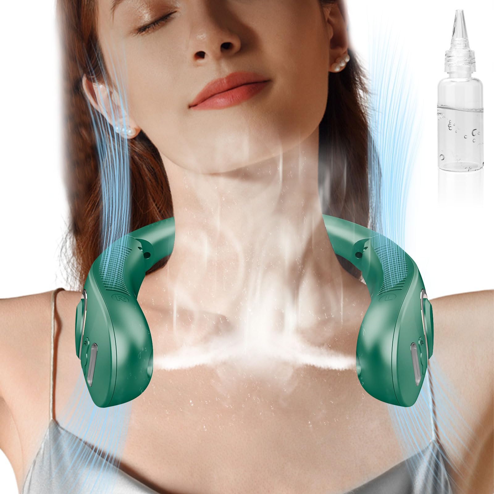 Portable Neck Fans with Mist, Rechargeable 4-9H Lasting Neck Cooling that Blow Cold Air, 5 Speeds & LED display, USB-C Bladeless Folding Personal Mister for Kid Adult Indoor Outdoors Sports, White