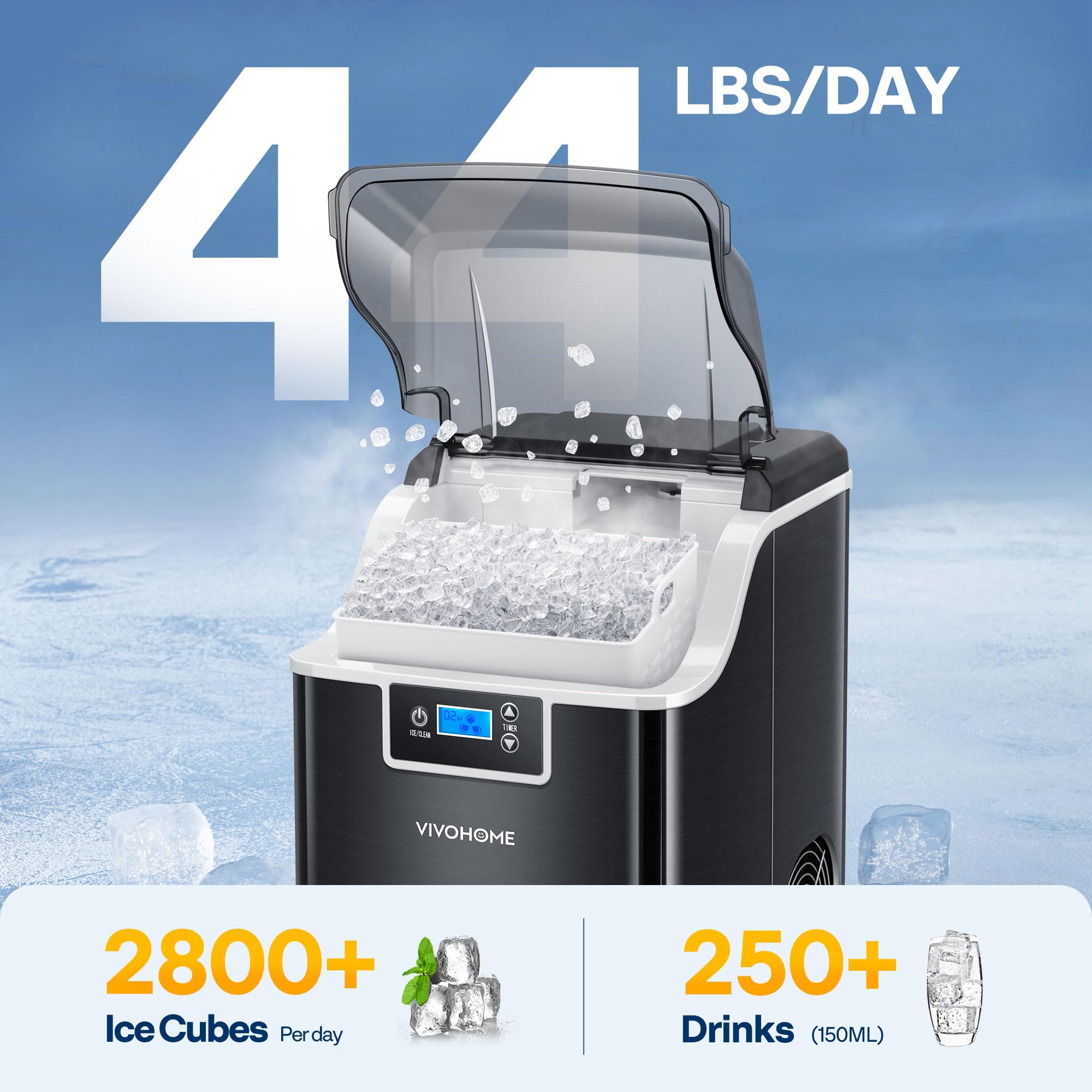 VIVOHOME Nugget Ice Maker Countertop, 45lbs/Day Pebble Ice Maker Machine, Soft Chewable Pellet Ice Machine with Self-Cleaning, Scoop, 10 Ice Bags, for Home Kitchen, RV, Camping, Office
