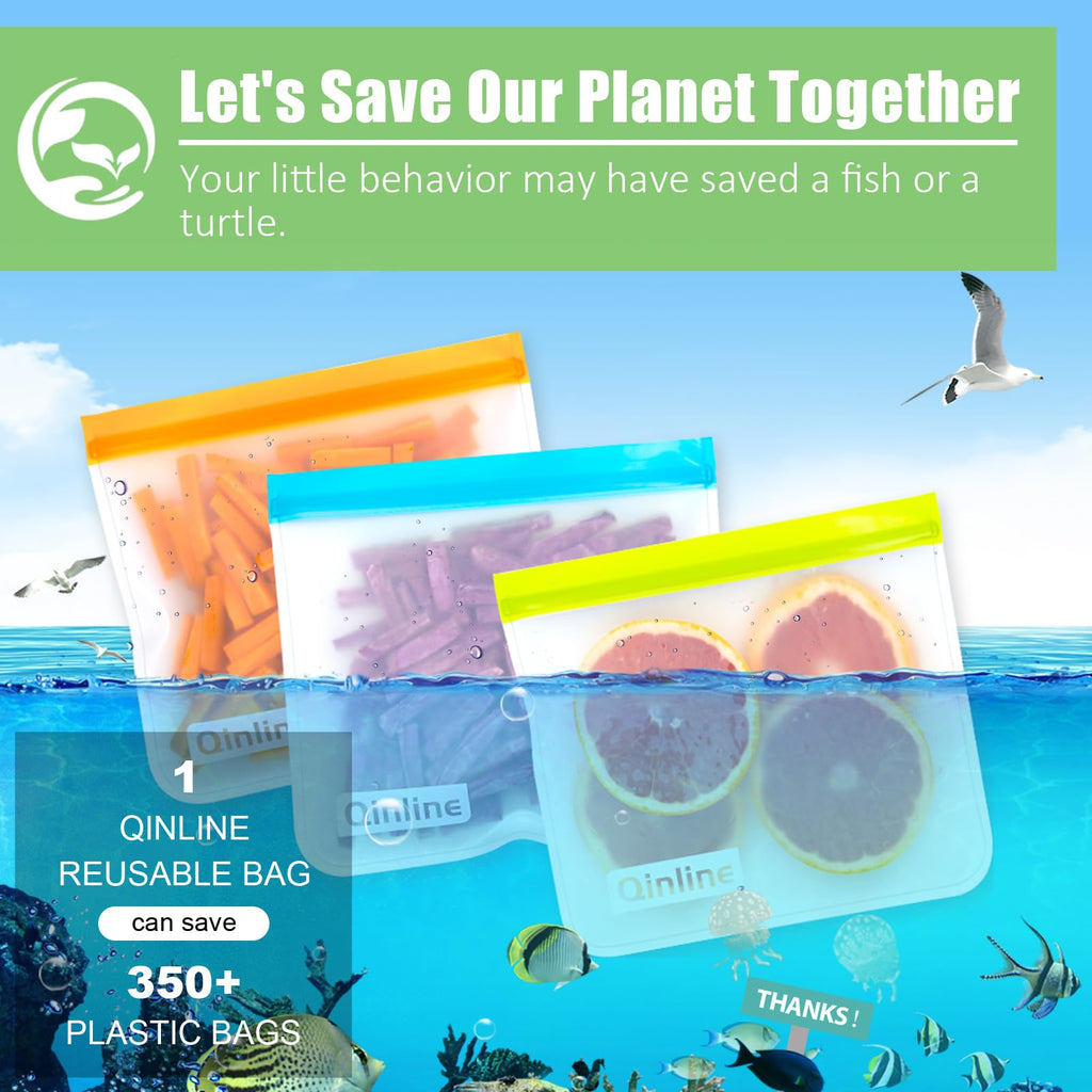 Qinline Reusable Food Storage Bags - 10 Pack Freezer Bags, Reusable Bags Silicone, Extra Thick Leakproof Reusable Lunch Bag for Salad Fruit Snack Travel - 2 Gallon 4 Sandwich 4 Snack Bags
