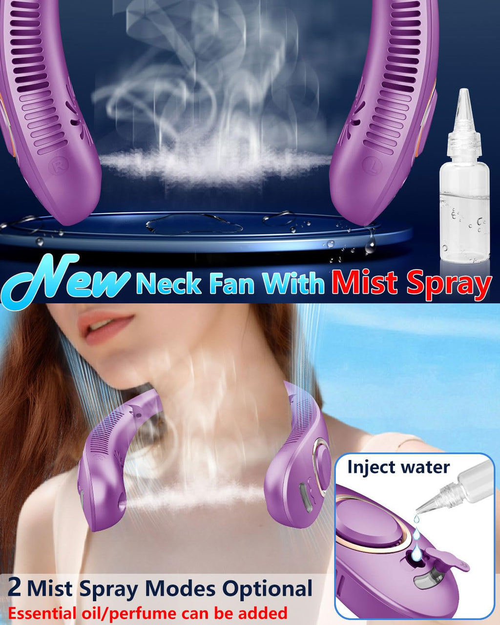 Portable Neck Fans with Mist, Rechargeable 4-9H Lasting Neck Cooling that Blow Cold Air, 5 Speeds & LED display, USB-C Bladeless Folding Personal Mister for Kid Adult Indoor Outdoors Sports, White