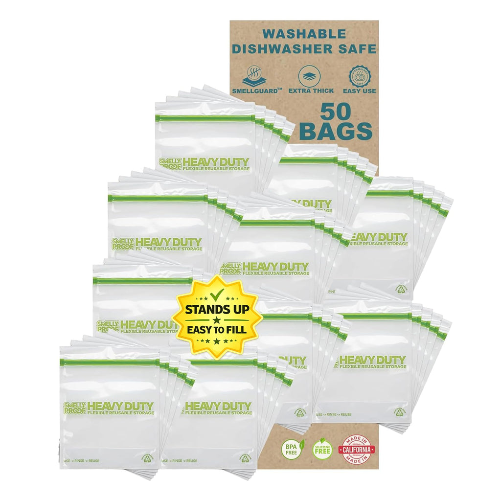 Smelly Proof HEAVY DUTY Reusable STAND-UP Bags for Food Storage, USA Made, NO PEVA & BPA FREE, Reusable Freezer Bags, Dishwasher-Safe, Triple Zip, CLEAR 5-mils XXL 2-Gallon 12" x 16" - 5pk