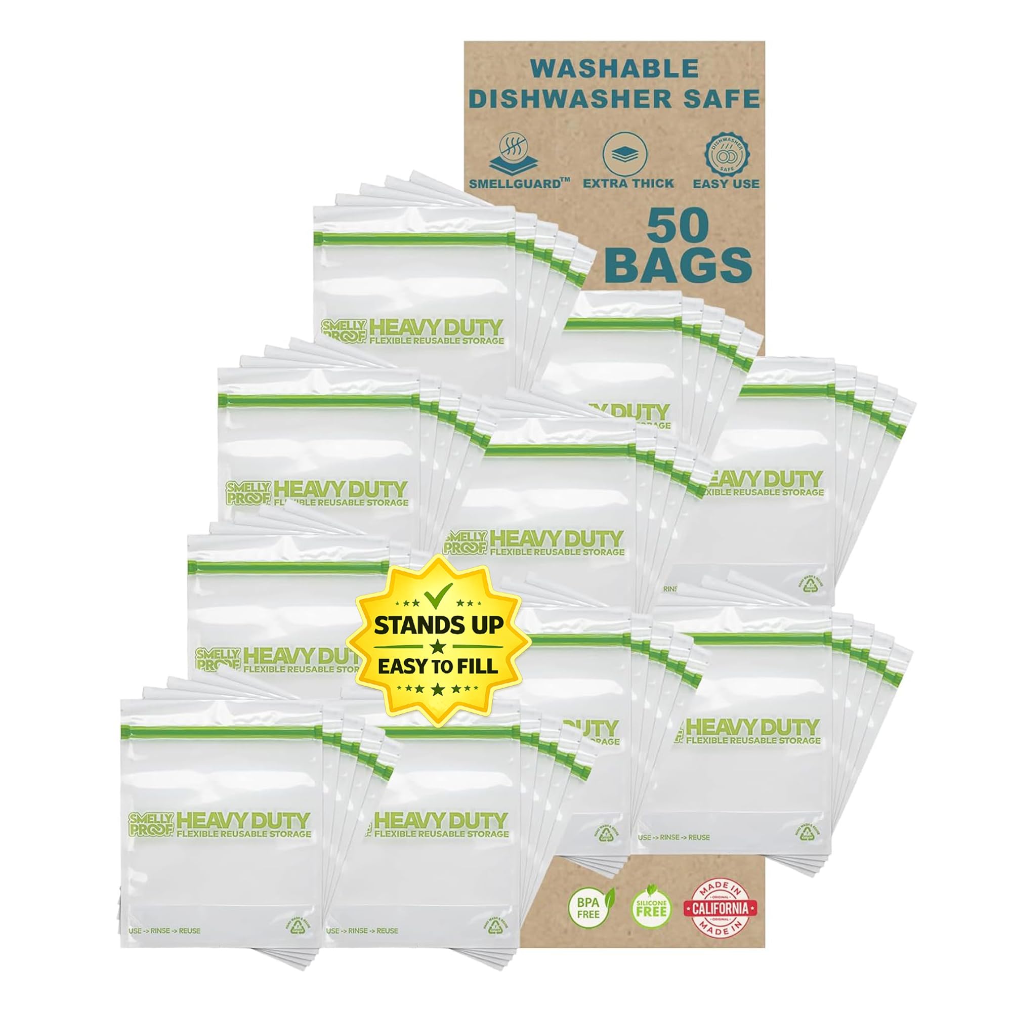 Smelly Proof HEAVY DUTY Reusable STAND-UP Bags for Food Storage, USA Made, NO PEVA & BPA FREE, Reusable Freezer Bags, Dishwasher-Safe, Triple Zip, CLEAR 5-mils XXL 2-Gallon 12" x 16" - 5pk