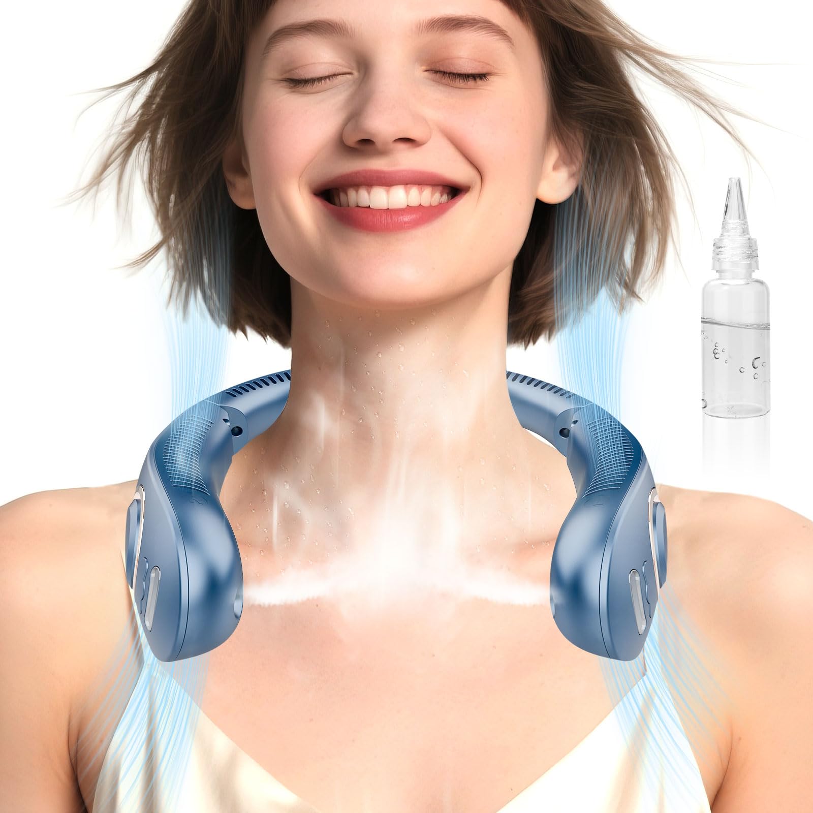Portable Neck Fans with Mist, Rechargeable 4-9H Lasting Neck Cooling that Blow Cold Air, 5 Speeds & LED display, USB-C Bladeless Folding Personal Mister for Kid Adult Indoor Outdoors Sports, White