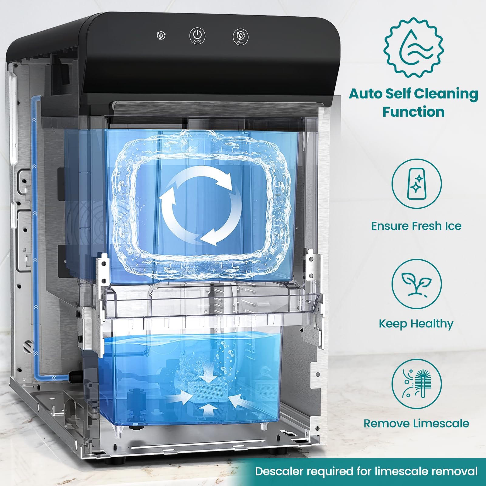 Gevi V2.0 Countertop Gemi Nugget Ice Maker | Self-Cleaning Pellet Ice Machine | Stainless Steel Housing |16.7''H Fits Perfectly Under Wall Cabinet | Silver with Viewing Window