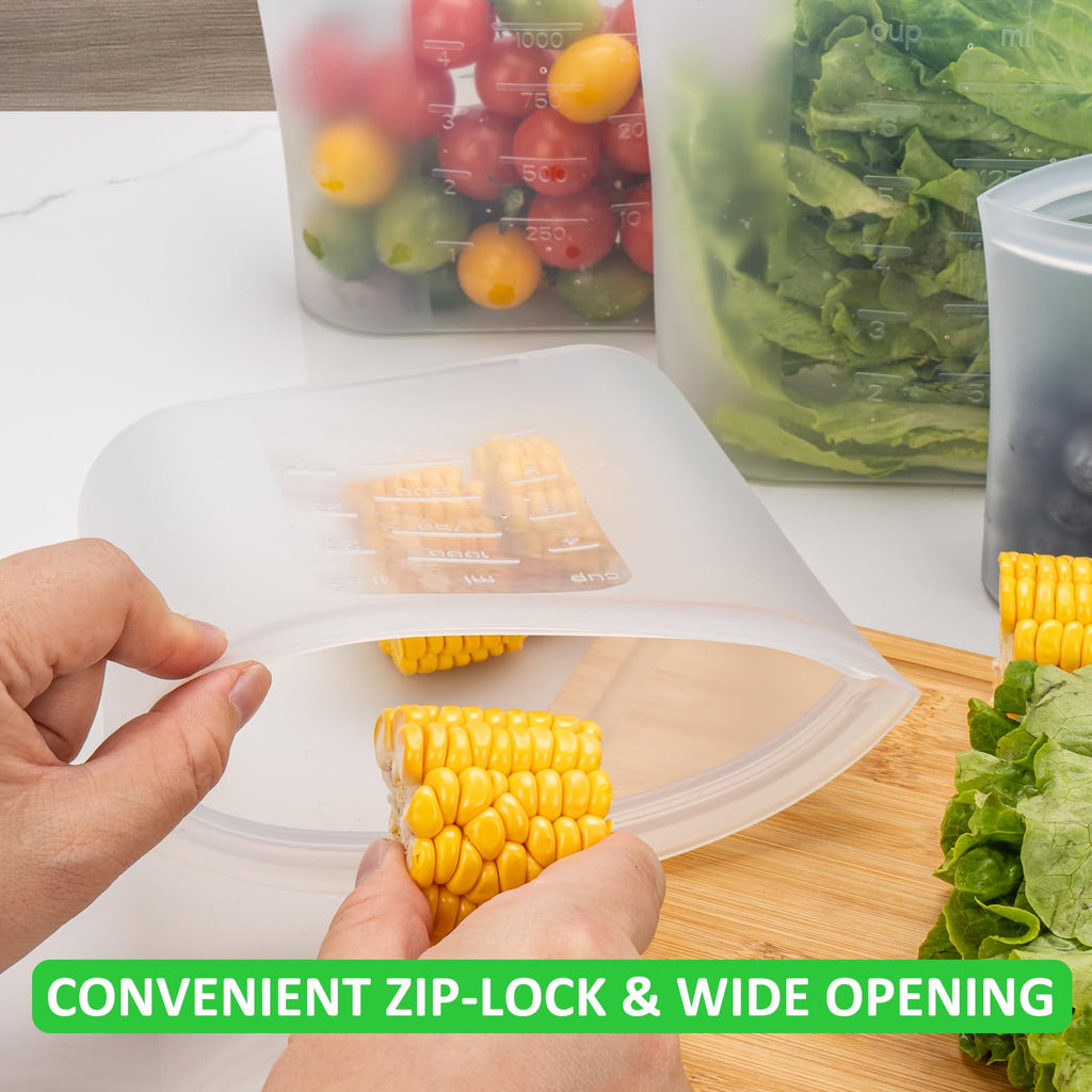 100% Platinum Silicone Reusable Storage Bags, 12 Pack, Premium Silicone Food Storage Bag Stand-Up Wide-Mouth Zip-Lock, Freezer Microwave Oven Dishwasher Safe, 4 M + 4 S + 4 XS, Crystal-Clear