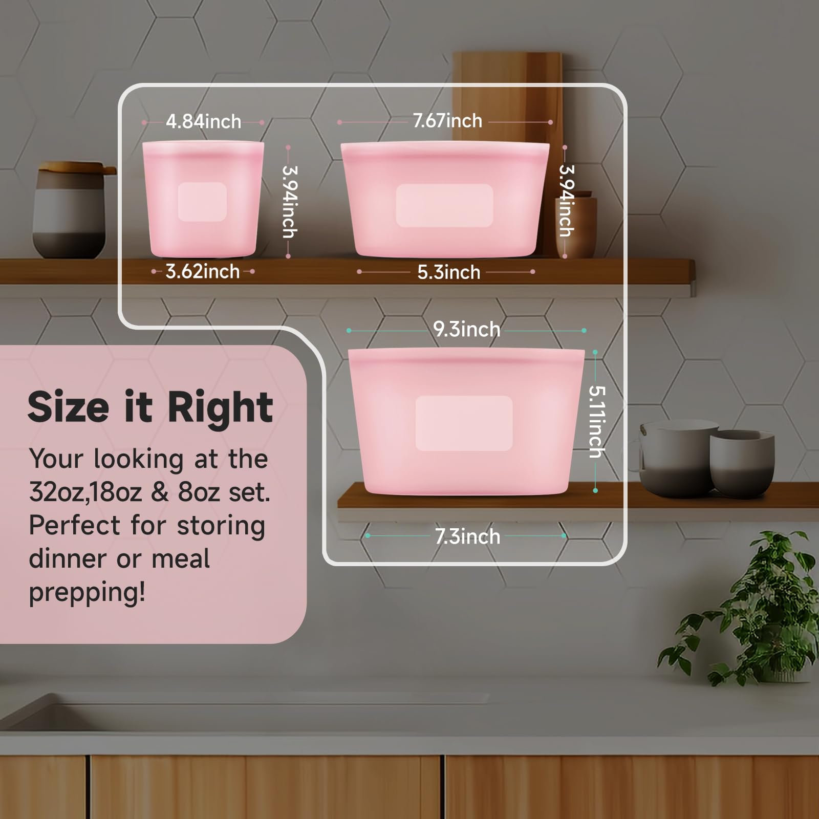 Reusable Silicone Storage Containers Bags Dishwasher Microwave Safe, BPA Free Silicone Bags, Reusable Gallon Freezer Bags for Sandwich, Cereal, Vegetable, Home Organization (Pink 8oz 18oz 32oz 3Pack)