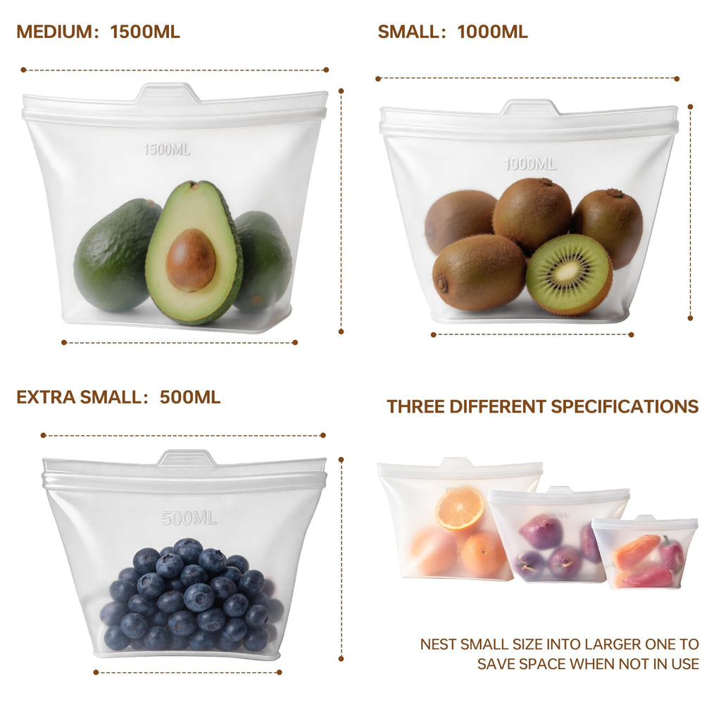 Reusable Silicone Food Storage Bags, 100% Silicone Stand-Up Wide-Open Zip-Lock Reusable Storage Bags for Food, Freezer Microwave Oven Dishwasher Safe (Translucent | M+S | 8 PC)