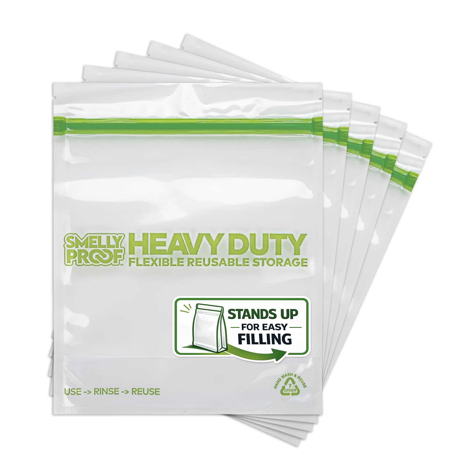 Smelly Proof HEAVY DUTY Reusable STAND-UP Bags for Food Storage, USA Made, NO PEVA & BPA FREE, Reusable Freezer Bags, Dishwasher-Safe, Triple Zip, CLEAR 5-mils XXL 2-Gallon 12" x 16" - 5pk