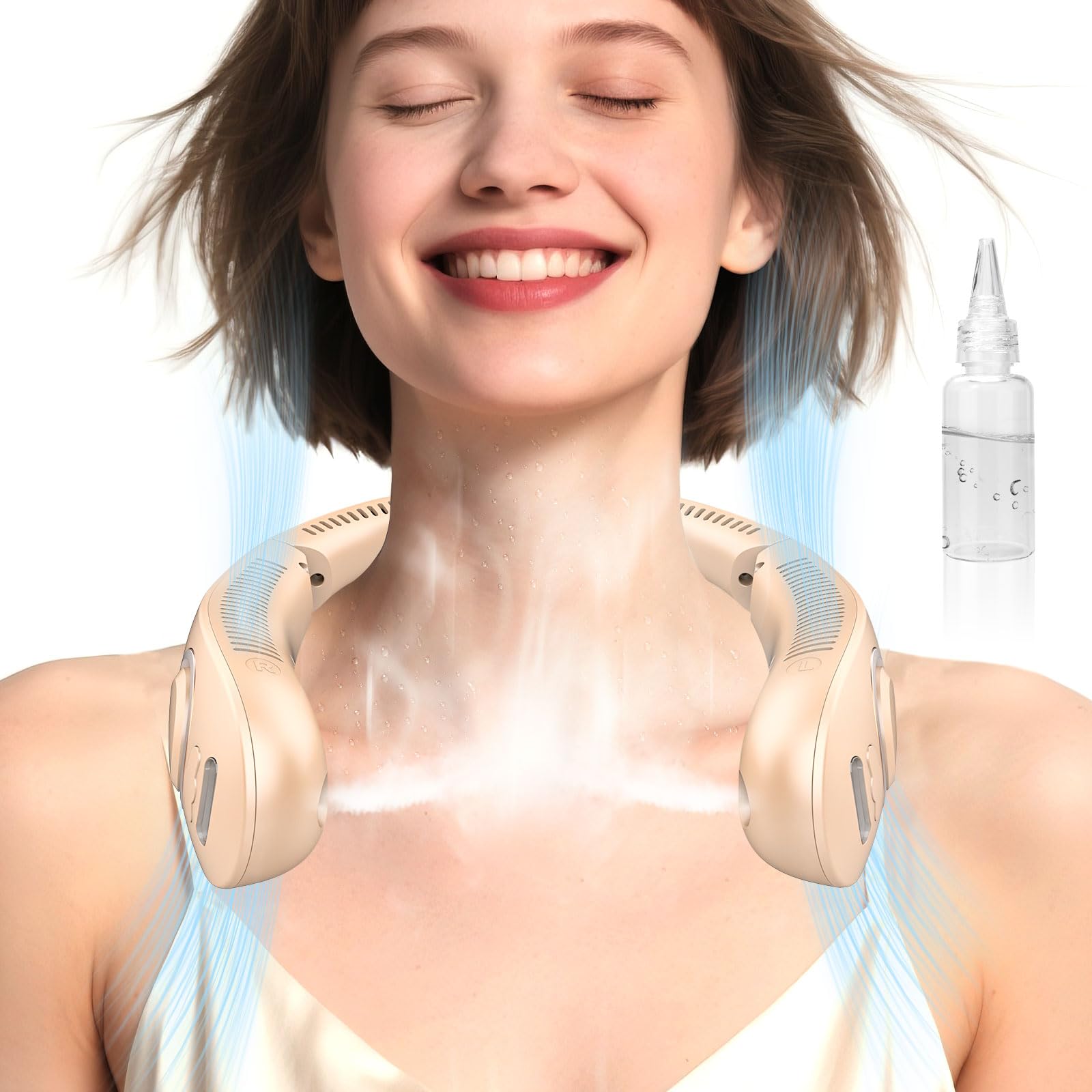 Portable Neck Fans with Mist, Rechargeable 4-9H Lasting Neck Cooling that Blow Cold Air, 5 Speeds & LED display, USB-C Bladeless Folding Personal Mister for Kid Adult Indoor Outdoors Sports, White