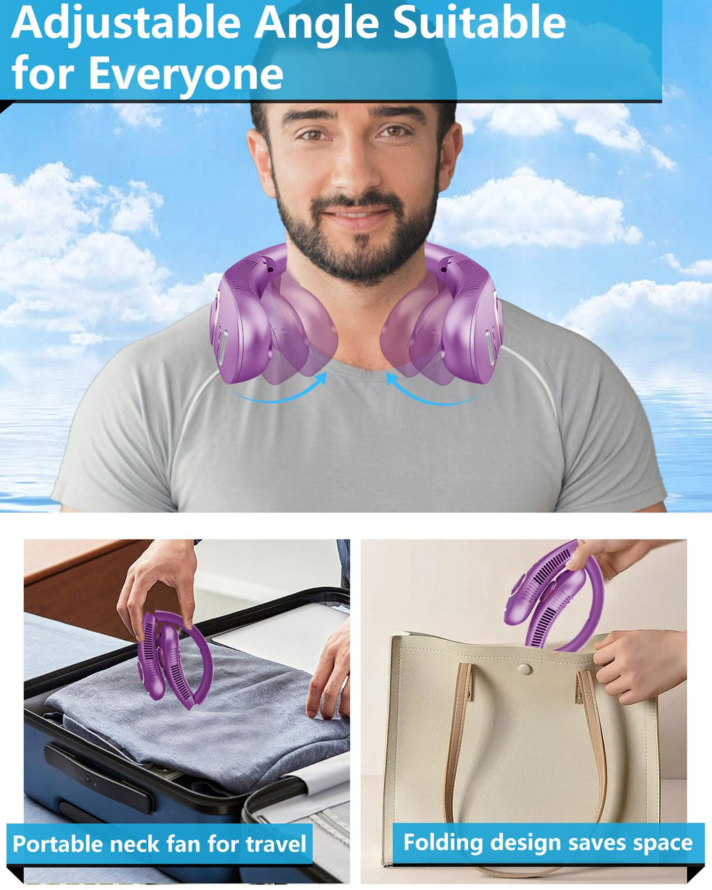 Portable Neck Fans with Mist, Rechargeable 4-9H Lasting Neck Cooling that Blow Cold Air, 5 Speeds & LED display, USB-C Bladeless Folding Personal Mister for Kid Adult Indoor Outdoors Sports, White