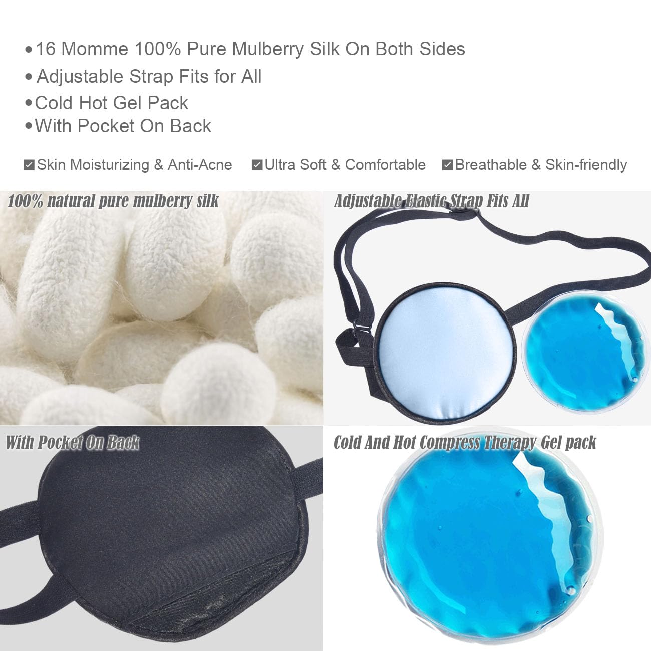Cooling Eye Patches for Puffy Eyes, Pure Silk Ice Eye Patch, Single Eye Mask, Medical One Eye Cover Cold Hot Therapy Strabismus Lazy Eyes After Surgery Adult Kid Pirate Eyepatch (Black)