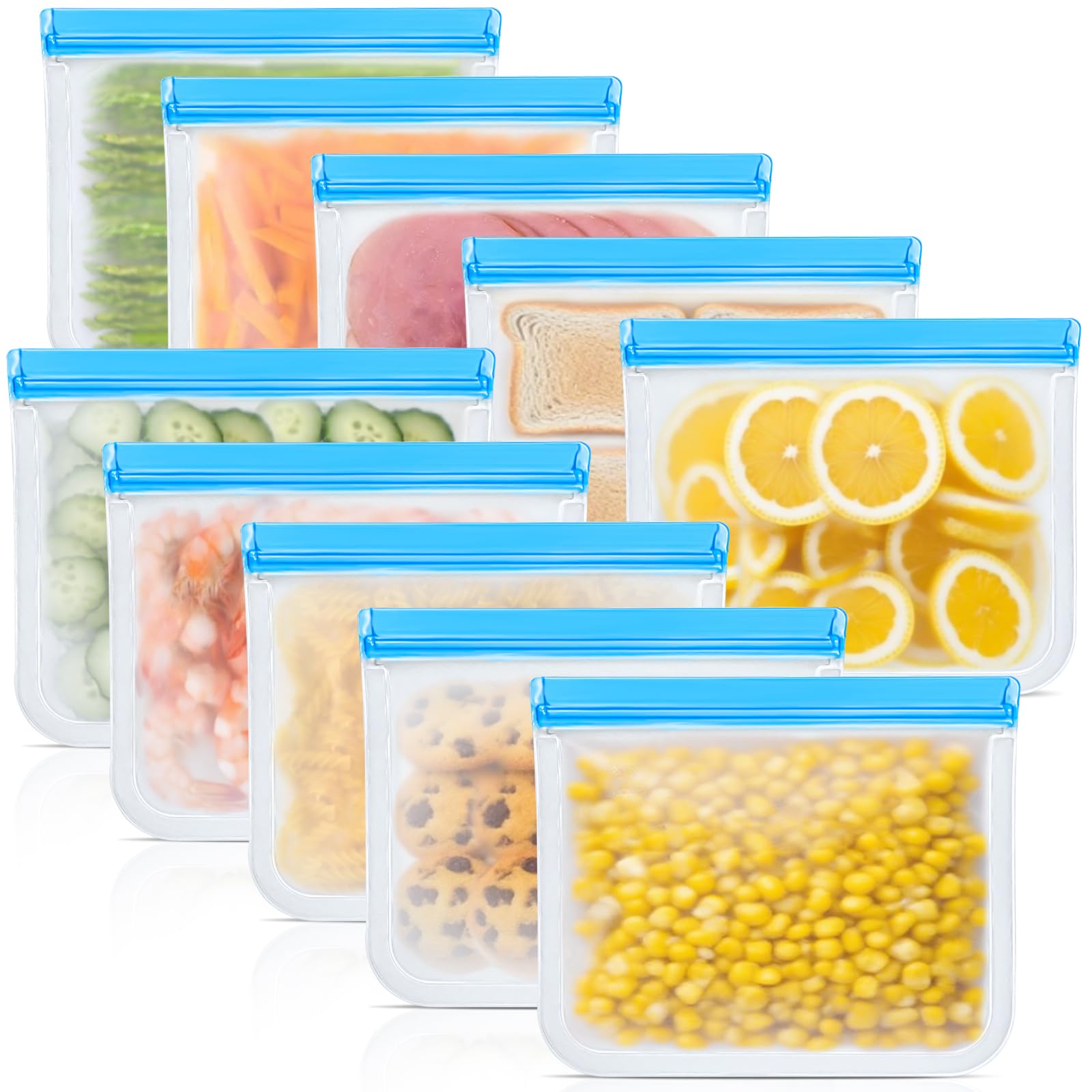 10 Pack Reusable Silicone Food Storage Bags, Leakproof Dishwasher Safe Reusable Freezer Bags for Food Containers, Lunch Bags for Sandwich, Snack, Marinate Meat, Salad Fruit