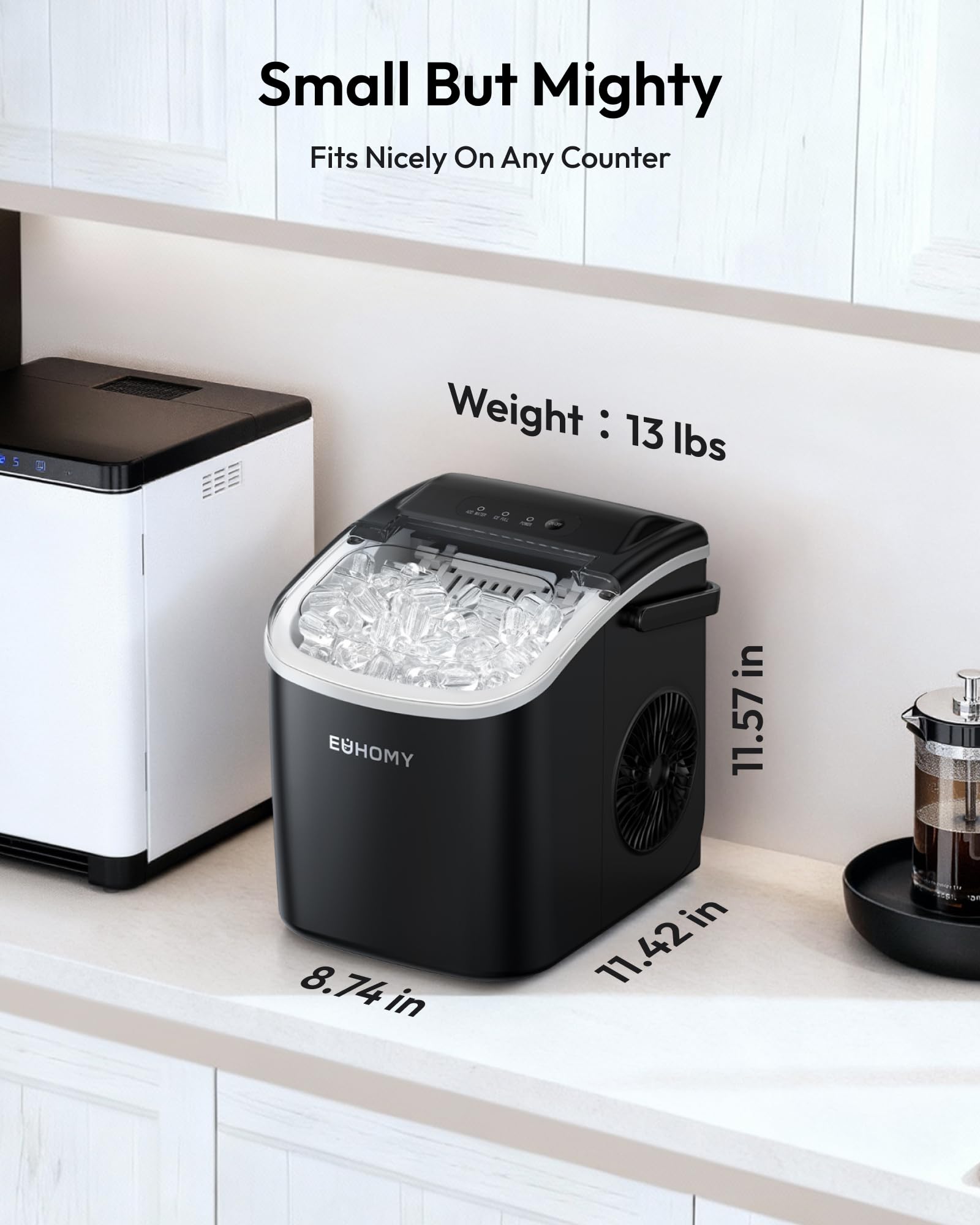 EUHOMY Countertop Ice Maker Machine with Handle, 26lbs in 24Hrs, 9 Ice Cubes Ready in 6 Mins, Auto-Cleaning Portable Ice Maker with Basket and Scoop, for Home/Kitchen/Camping/RV. (Black)