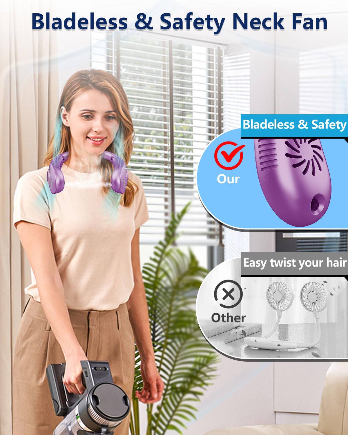 Portable Neck Fans with Mist, Rechargeable 4-9H Lasting Neck Cooling that Blow Cold Air, 5 Speeds & LED display, USB-C Bladeless Folding Personal Mister for Kid Adult Indoor Outdoors Sports, White
