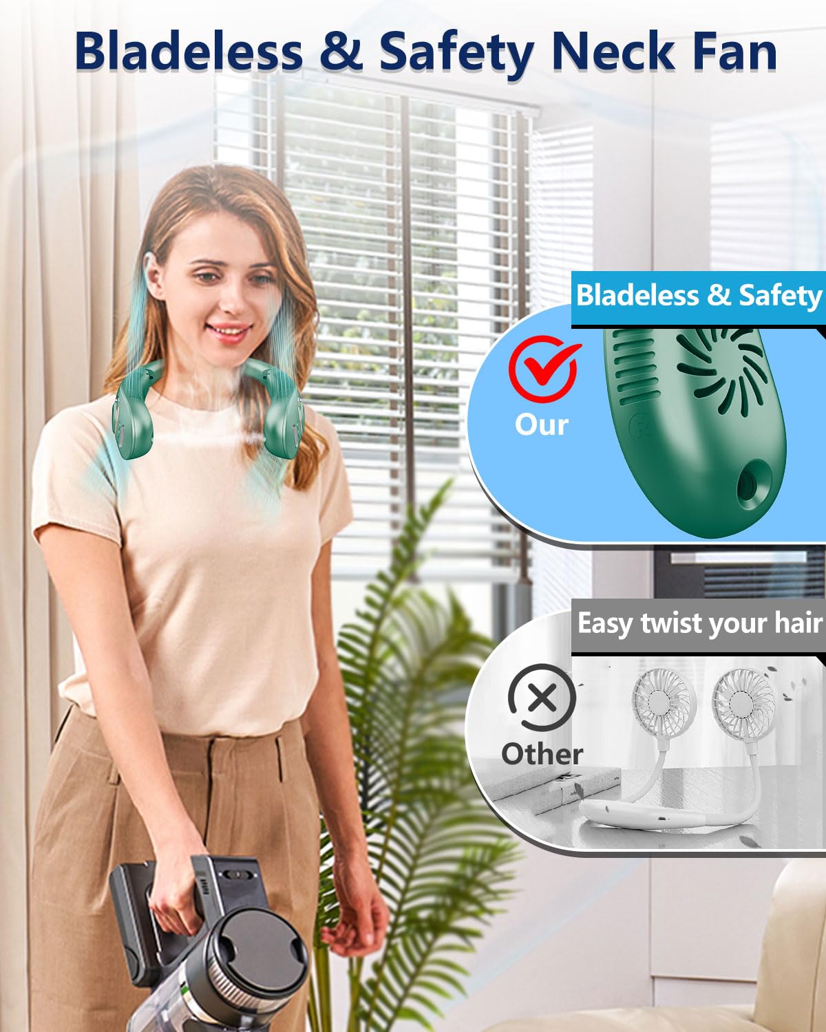 Portable Neck Fans with Mist, Rechargeable 4-9H Lasting Neck Cooling that Blow Cold Air, 5 Speeds & LED display, USB-C Bladeless Folding Personal Mister for Kid Adult Indoor Outdoors Sports, White