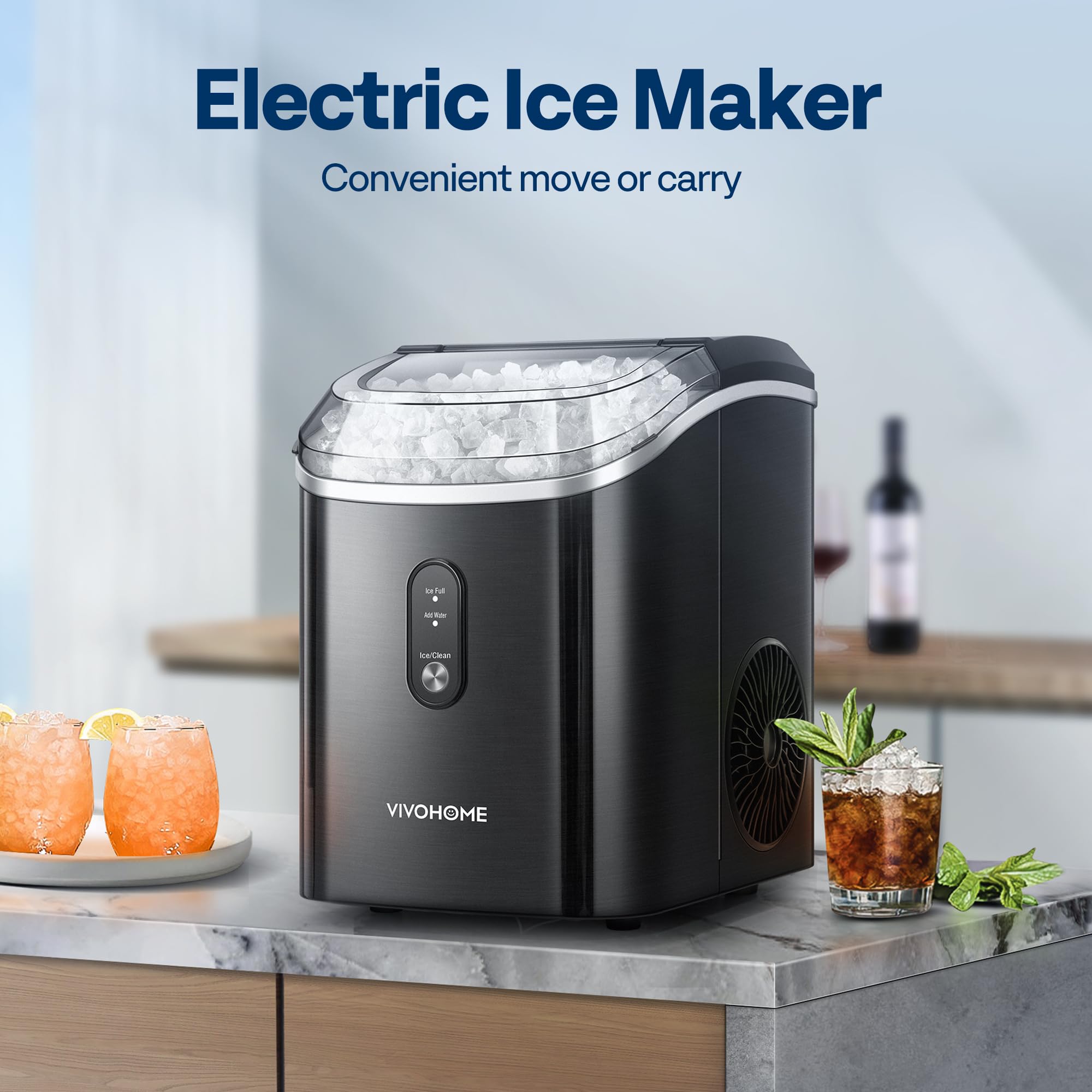 VIVOHOME Nugget Ice Maker Countertop, 45lbs/Day Pebble Ice Maker Machine, Soft Chewable Pellet Ice Machine with Self-Cleaning, Scoop, 10 Ice Bags, for Home Kitchen, RV, Camping, Office