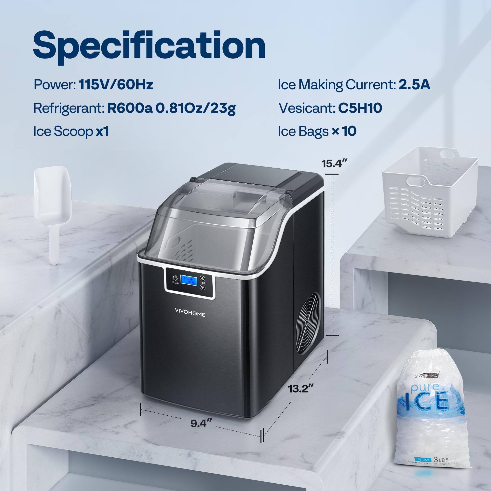 VIVOHOME Nugget Ice Maker Countertop, 45lbs/Day Pebble Ice Maker Machine, Soft Chewable Pellet Ice Machine with Self-Cleaning, Scoop, 10 Ice Bags, for Home Kitchen, RV, Camping, Office