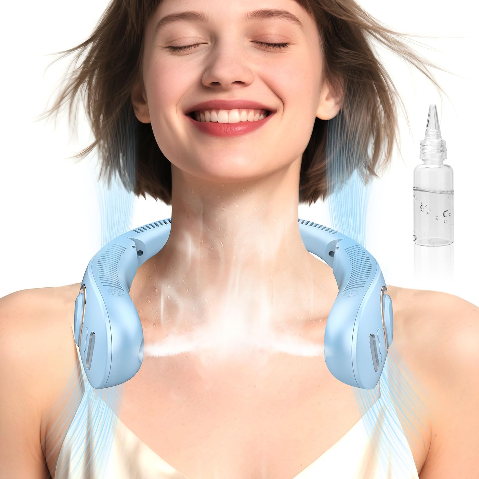 Portable Neck Fans with Mist, Rechargeable 4-9H Lasting Neck Cooling that Blow Cold Air, 5 Speeds & LED display, USB-C Bladeless Folding Personal Mister for Kid Adult Indoor Outdoors Sports, White