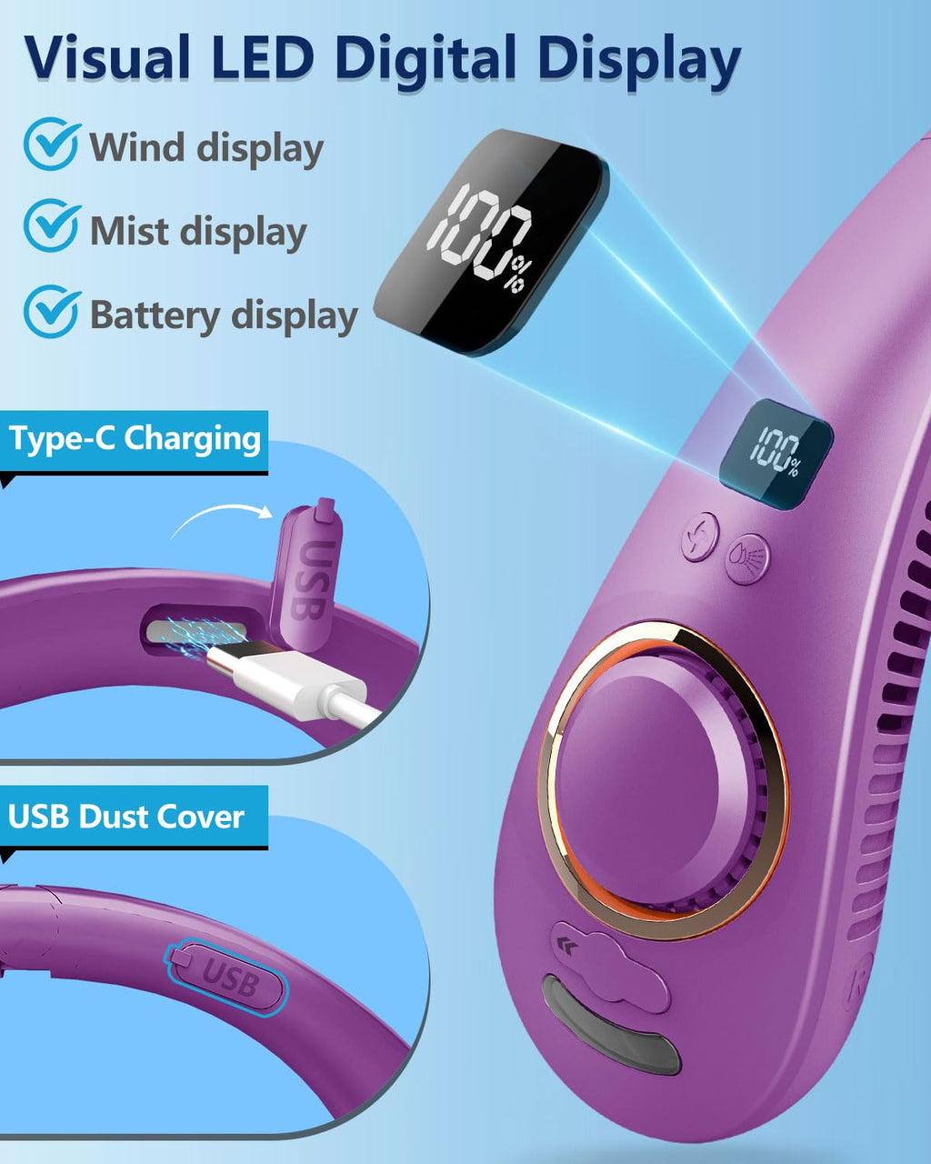 Portable Neck Fans with Mist, Rechargeable 4-9H Lasting Neck Cooling that Blow Cold Air, 5 Speeds & LED display, USB-C Bladeless Folding Personal Mister for Kid Adult Indoor Outdoors Sports, White