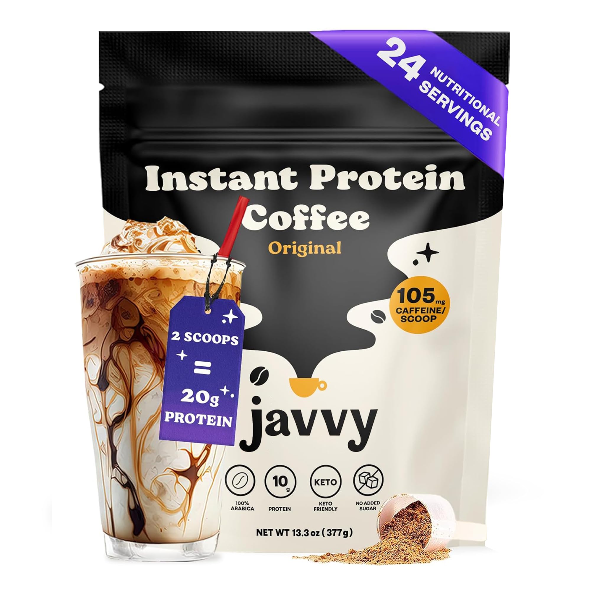 Javvy Protein Iced Coffee - Premium Whey Protein & Iced Coffees, 100% Natural Cold Brew, Zero Artificial Flavors & Sweeteners, 80mg Caffeine, No Added Sugar, 20 Servings, Caramel, 1 Pack