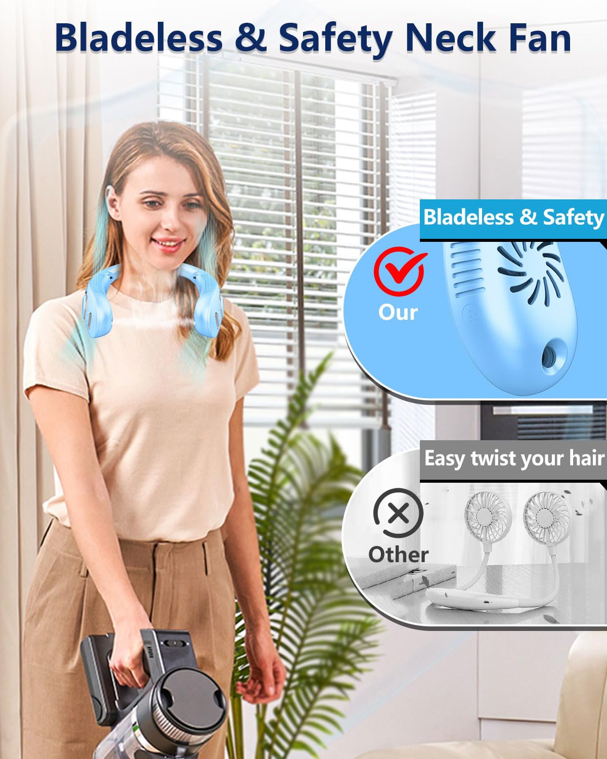 Portable Neck Fans with Mist, Rechargeable 4-9H Lasting Neck Cooling that Blow Cold Air, 5 Speeds & LED display, USB-C Bladeless Folding Personal Mister for Kid Adult Indoor Outdoors Sports, White