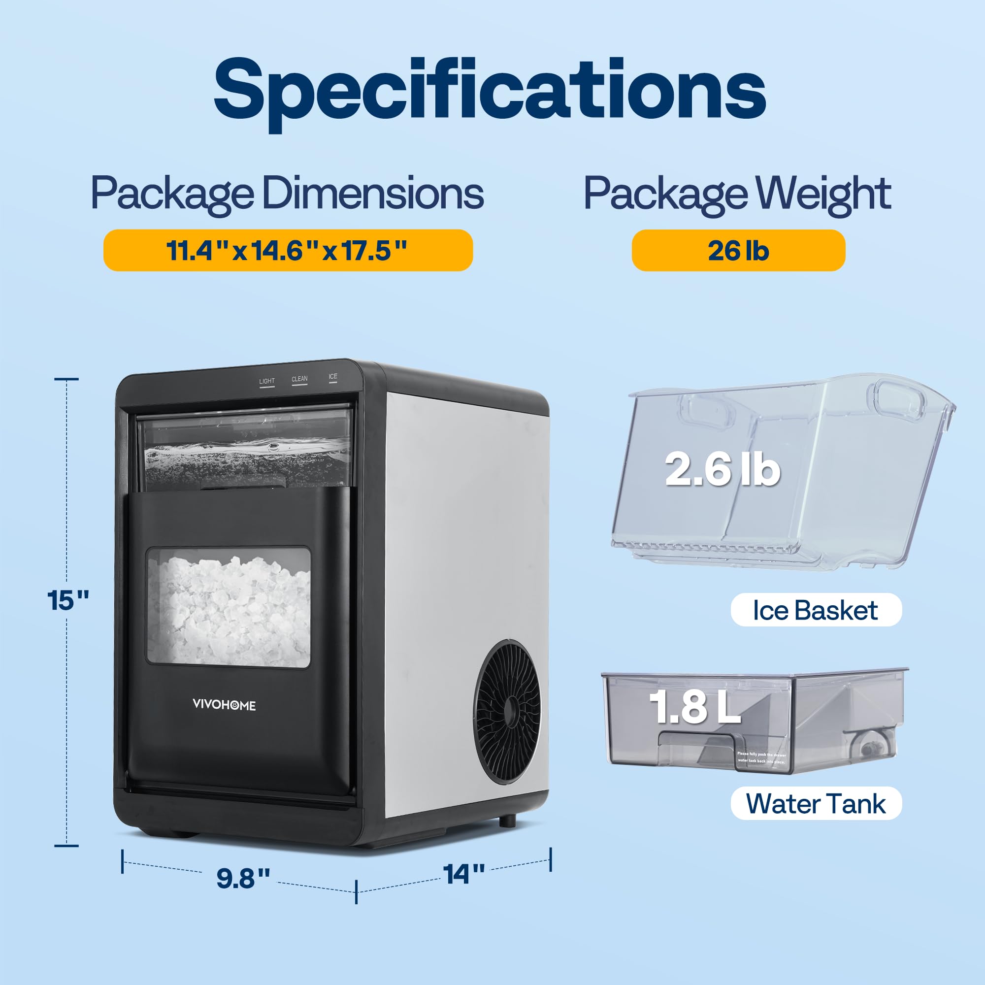 VIVOHOME Nugget Ice Maker Countertop, 45lbs/Day Pebble Ice Maker Machine, Soft Chewable Pellet Ice Machine with Self-Cleaning, Scoop, 10 Ice Bags, for Home Kitchen, RV, Camping, Office