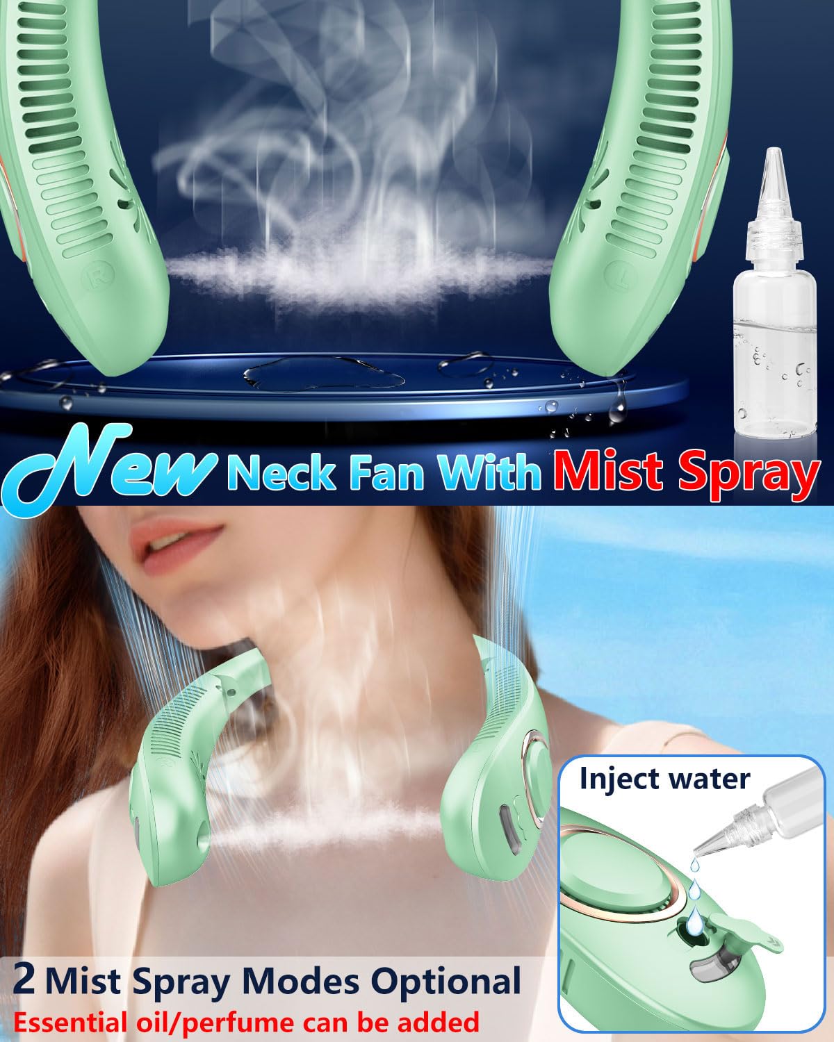 Portable Neck Fans with Mist, Rechargeable 4-9H Lasting Neck Cooling that Blow Cold Air, 5 Speeds & LED display, USB-C Bladeless Folding Personal Mister for Kid Adult Indoor Outdoors Sports, White