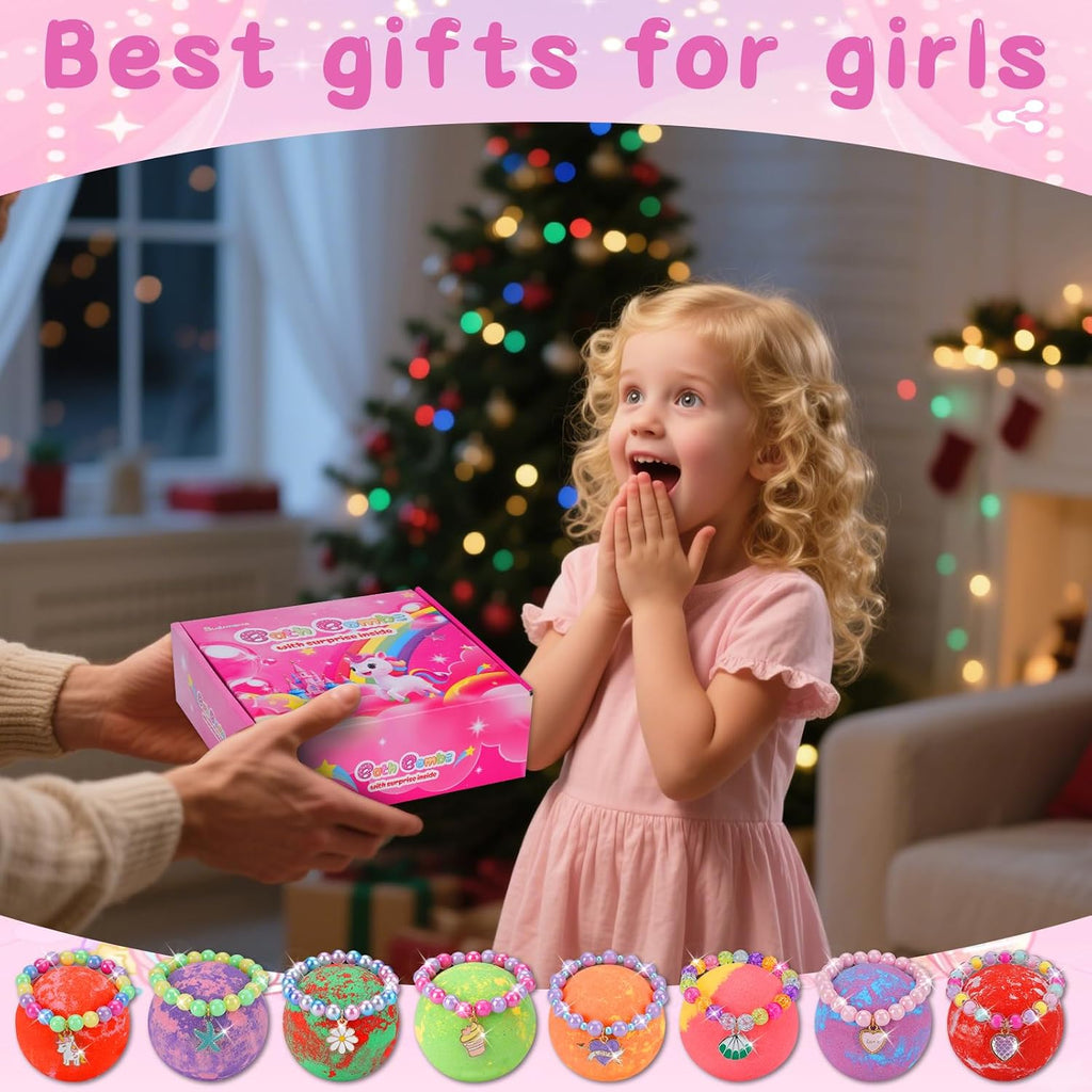 Bath Bombs for Kids with Toys Inside, 8-Pack Gift Set - Extra Large Fizzing Bath Bombs for Girls with Surprise Bracelet, Bubble Bath, Birthday Gifts for 3 4 5 6 7 8 Year Old Girl(Package May Vary)