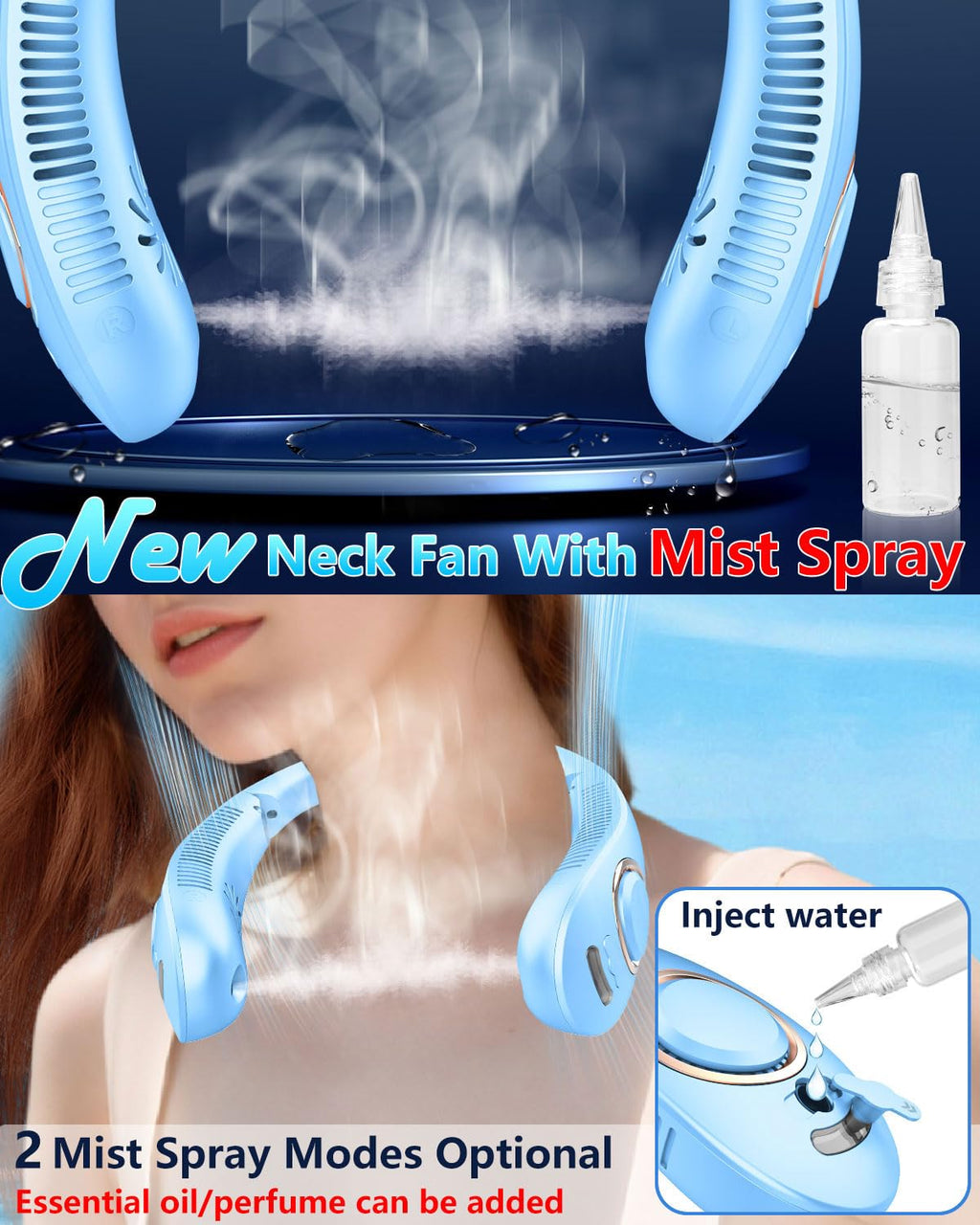 Portable Neck Fans with Mist, Rechargeable 4-9H Lasting Neck Cooling that Blow Cold Air, 5 Speeds & LED display, USB-C Bladeless Folding Personal Mister for Kid Adult Indoor Outdoors Sports, White