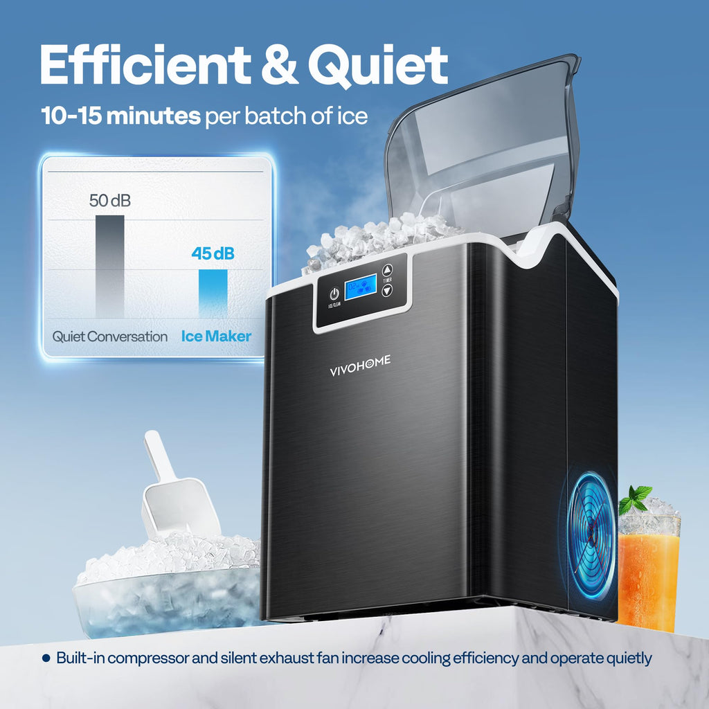 VIVOHOME Nugget Ice Maker Countertop, 45lbs/Day Pebble Ice Maker Machine, Soft Chewable Pellet Ice Machine with Self-Cleaning, Scoop, 10 Ice Bags, for Home Kitchen, RV, Camping, Office