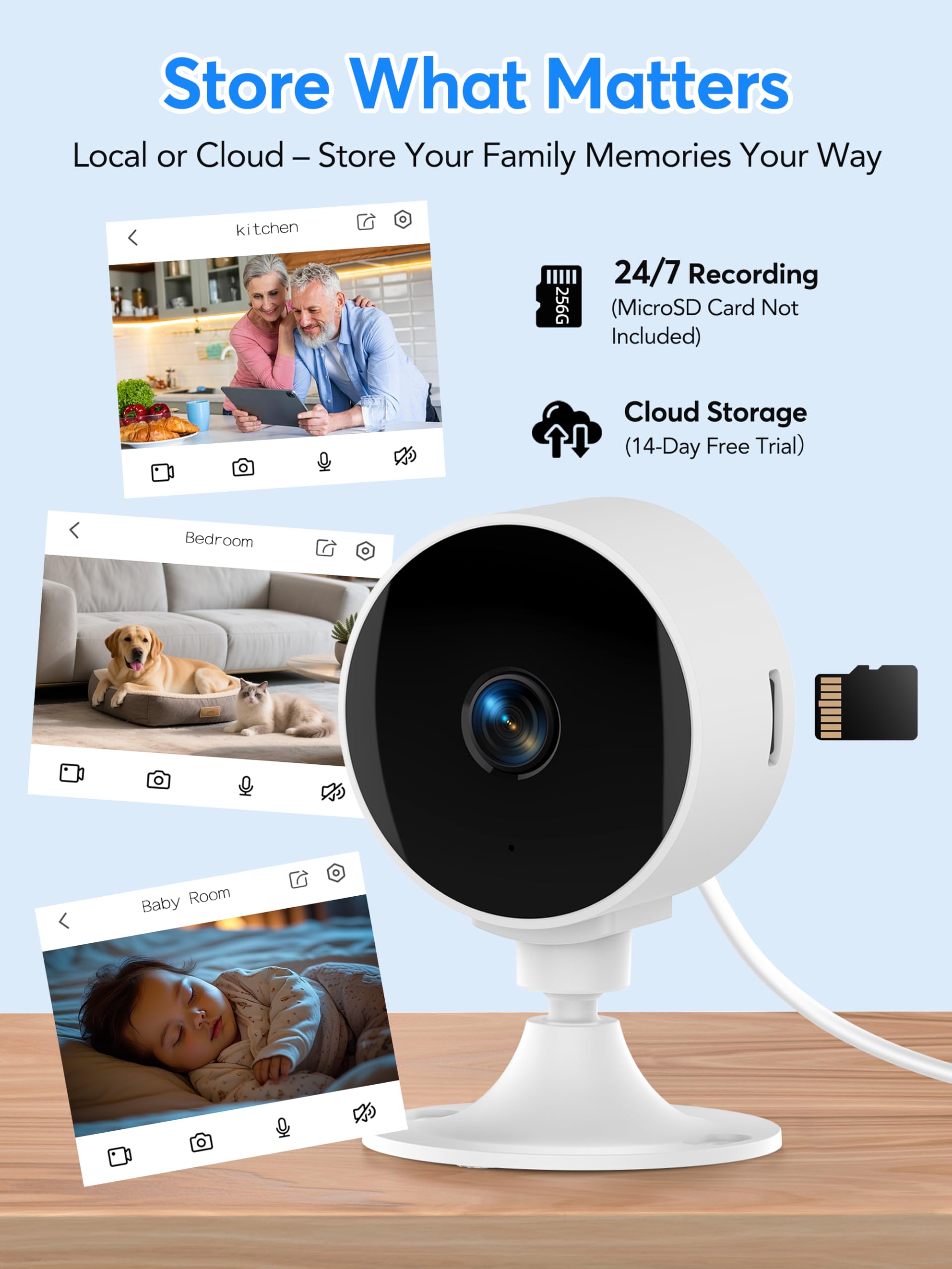 2K Wireless Cameras for Home Security Camera, Pet Camera Indoor with Phone App, Night Vision, Motion Alert, 24/7 SD&Cloud Record, Two-Way Audio, Security Camera Indoor Works with Alexa&Google