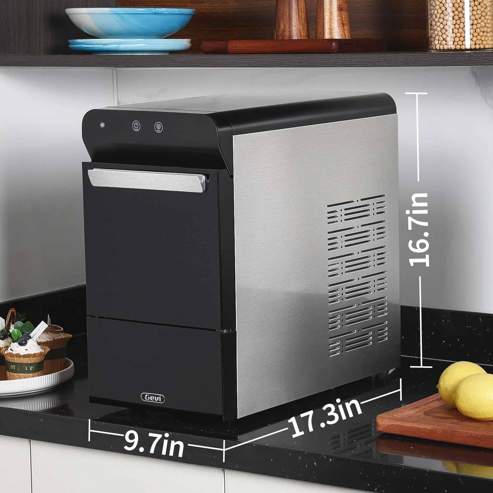 Gevi V2.0 Countertop Gemi Nugget Ice Maker | Self-Cleaning Pellet Ice Machine | Stainless Steel Housing |16.7''H Fits Perfectly Under Wall Cabinet | Silver with Viewing Window