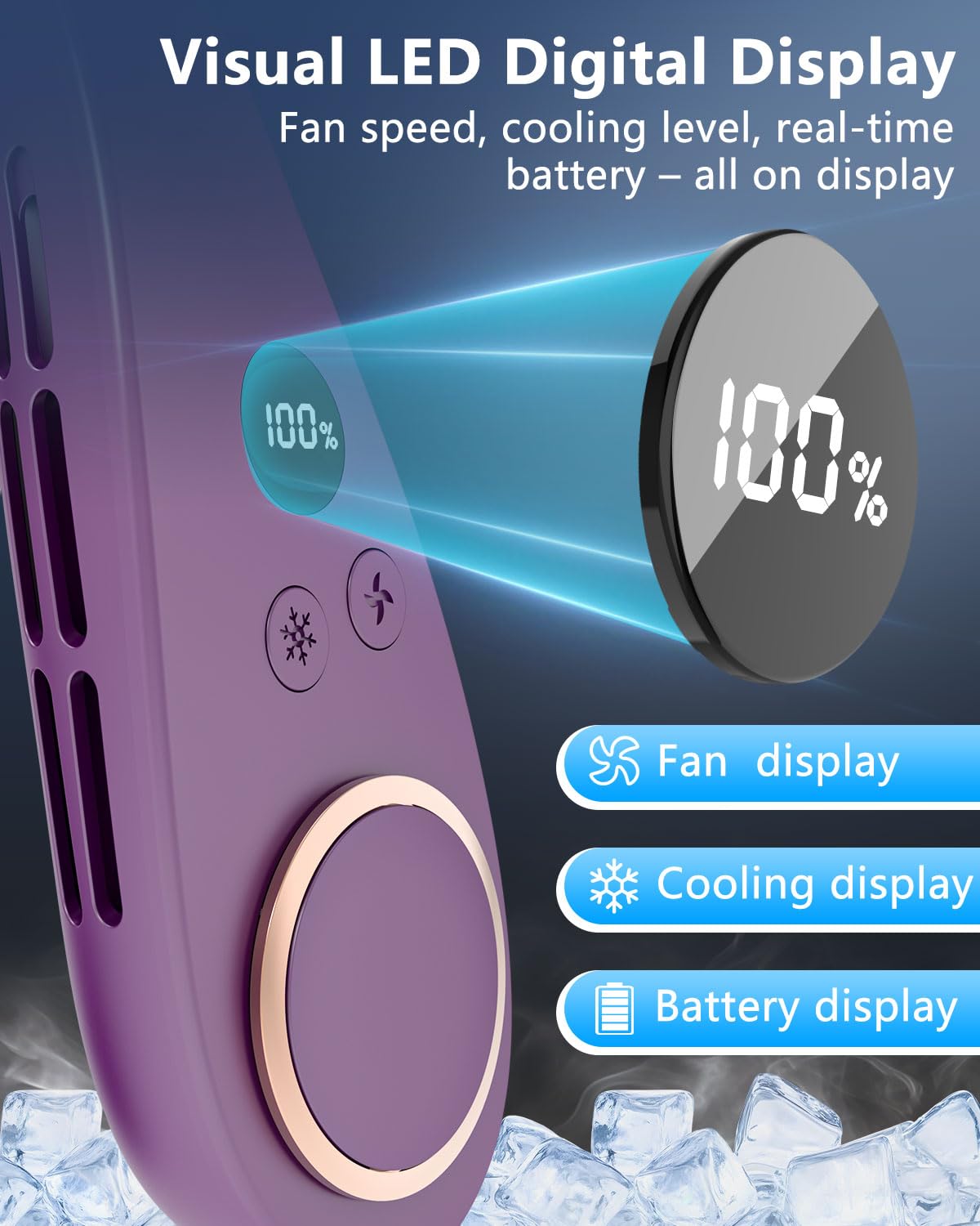 Neck Fan with Cooling Plate,5500mAh Rechargeable, Ultra Quiet Operation, 5 Speeds & 3 Cooling Modes, USB-C Fast Charging, LED Display Battery & Gear, Bladeless Fans that Blow Cold Air for Travel Blue