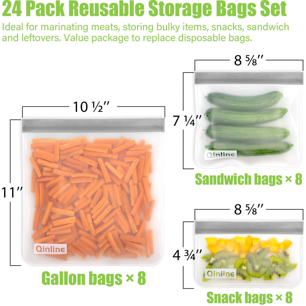 Qinline Reusable Food Storage Bags - 24 Pack Freezer Extra Thick Leakproof Lunch Bag - 8 Gallon 8 Sandwich 8 Snack Bags