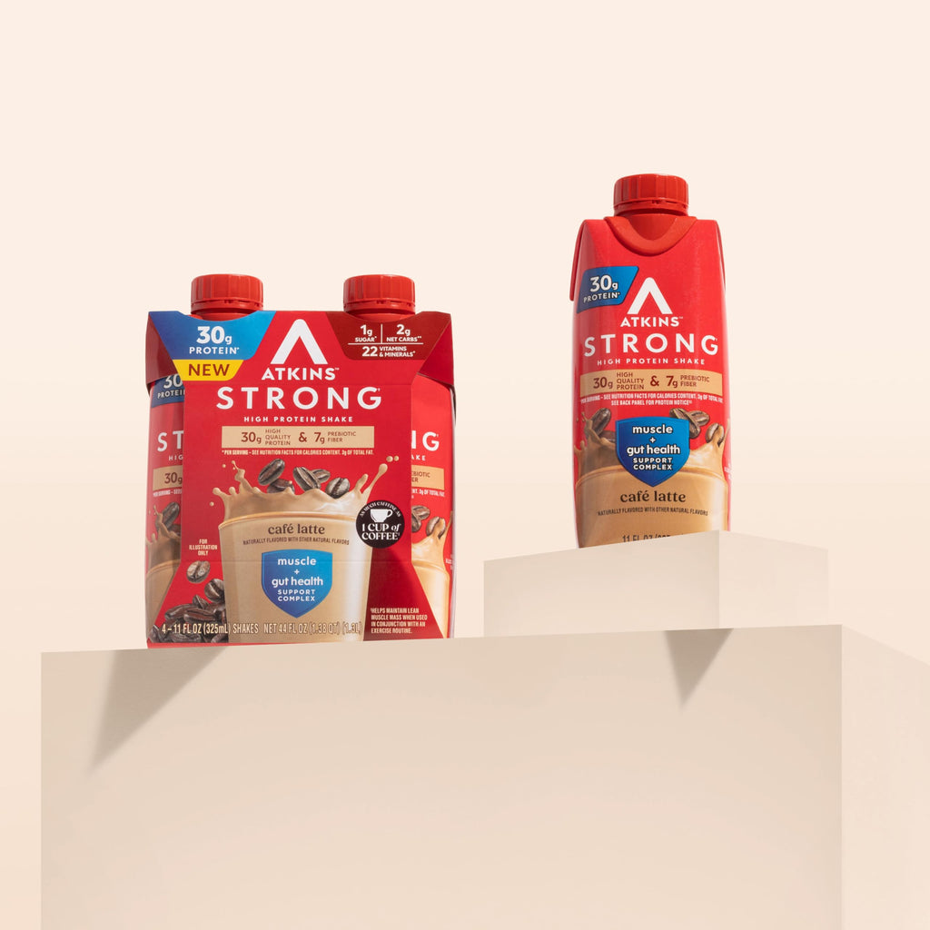 Atkins Strong High Protein Shake, Milk Chocolate, 30g Protein, 7g Prebiotic Fiber, 1g Sugar, GLP-1 Support, Muscle & Gut Health Support Complex, 12 Count