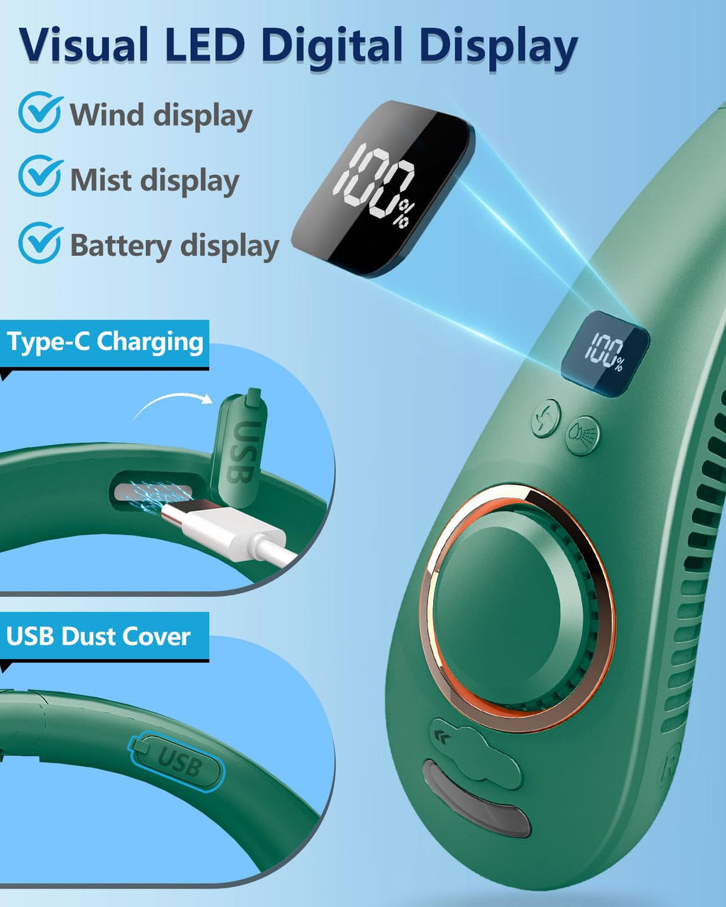 Portable Neck Fans with Mist, Rechargeable 4-9H Lasting Neck Cooling that Blow Cold Air, 5 Speeds & LED display, USB-C Bladeless Folding Personal Mister for Kid Adult Indoor Outdoors Sports, White