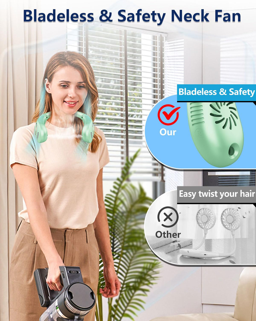 Portable Neck Fans with Mist, Rechargeable 4-9H Lasting Neck Cooling that Blow Cold Air, 5 Speeds & LED display, USB-C Bladeless Folding Personal Mister for Kid Adult Indoor Outdoors Sports, White