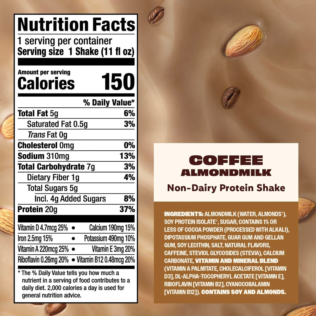 Premier Protein Non-Dairy Plant Based Almondmilk Protein Shake, Coffee with Caffeine for Energy – 20g Protein, 5g Sugar, 11 fl oz, 4 Pack