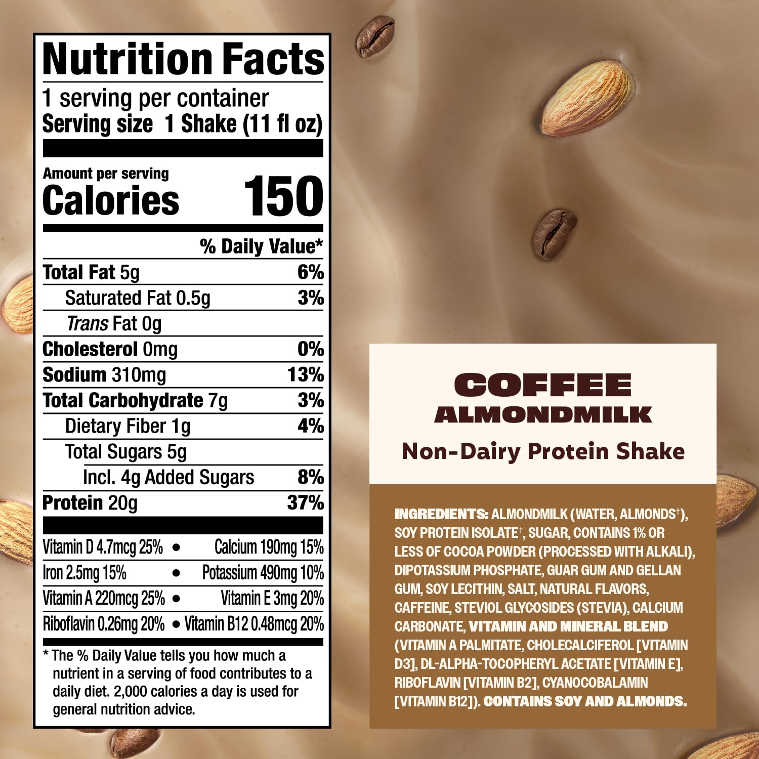 Premier Protein Non-Dairy Plant Based Almondmilk Protein Shake, Coffee with Caffeine for Energy – 20g Protein, 5g Sugar, 11 fl oz, 4 Pack