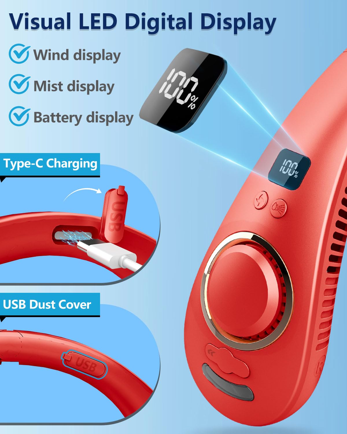 Portable Neck Fans with Mist, Rechargeable 4-9H Lasting Neck Cooling that Blow Cold Air, 5 Speeds & LED display, USB-C Bladeless Folding Personal Mister for Kid Adult Indoor Outdoors Sports, White