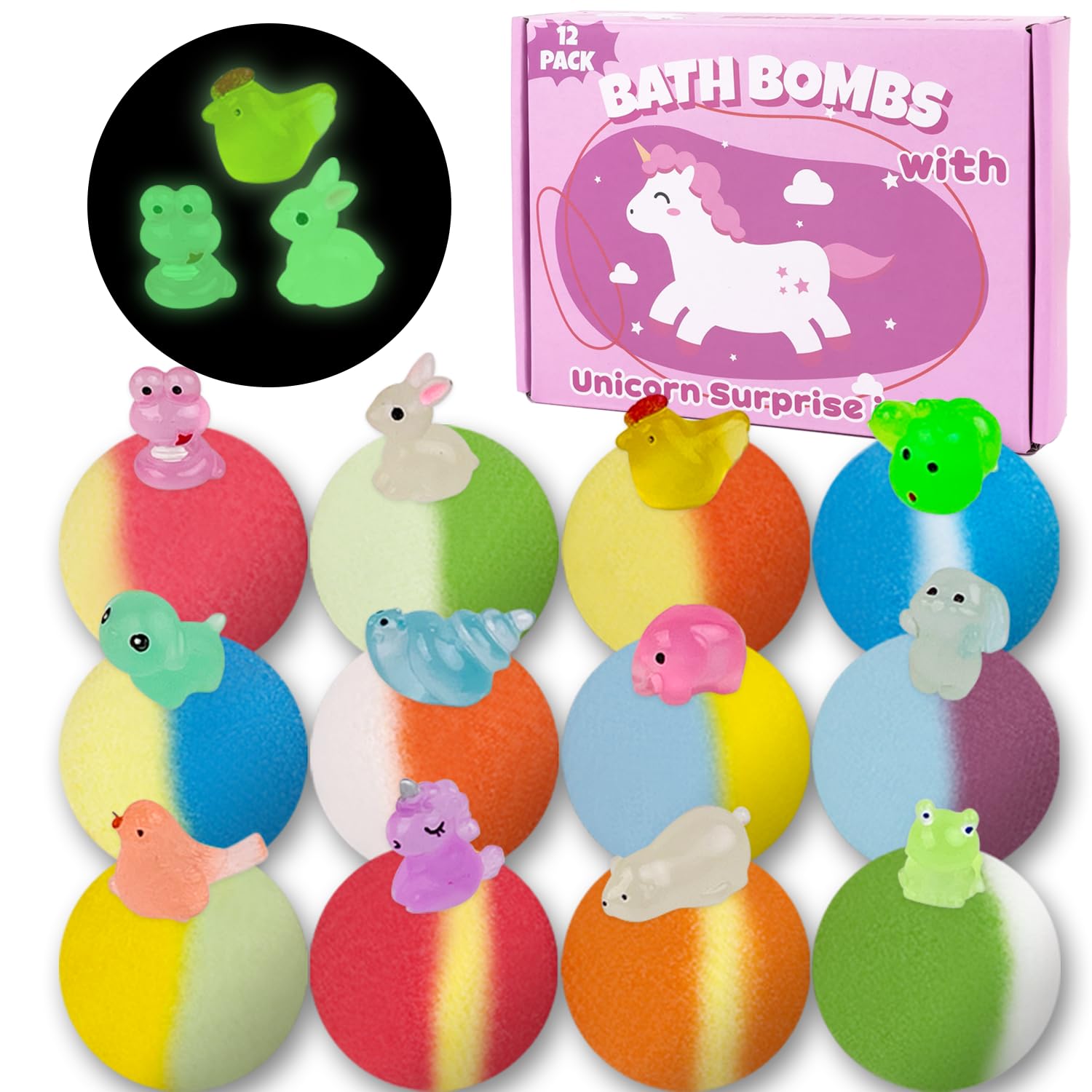 Bath Bombs for Kids, 12 Pcs Bath Bombs with Glow in The Dark Dinosura Surprise Inside, Handmade Organic Bubble Bath Ball Gift Set for Boys and Girls, Gift for Birthday Christmas Easter