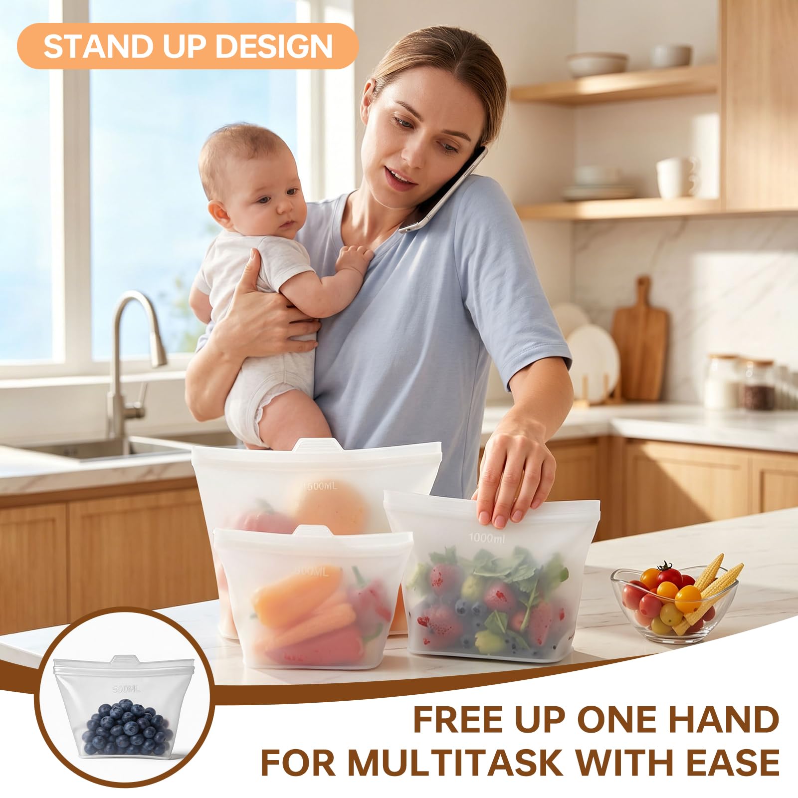 Reusable Silicone Food Storage Bags, 100% Silicone Stand-Up Wide-Open Zip-Lock Reusable Storage Bags for Food, Freezer Microwave Oven Dishwasher Safe (Translucent | M+S | 8 PC)