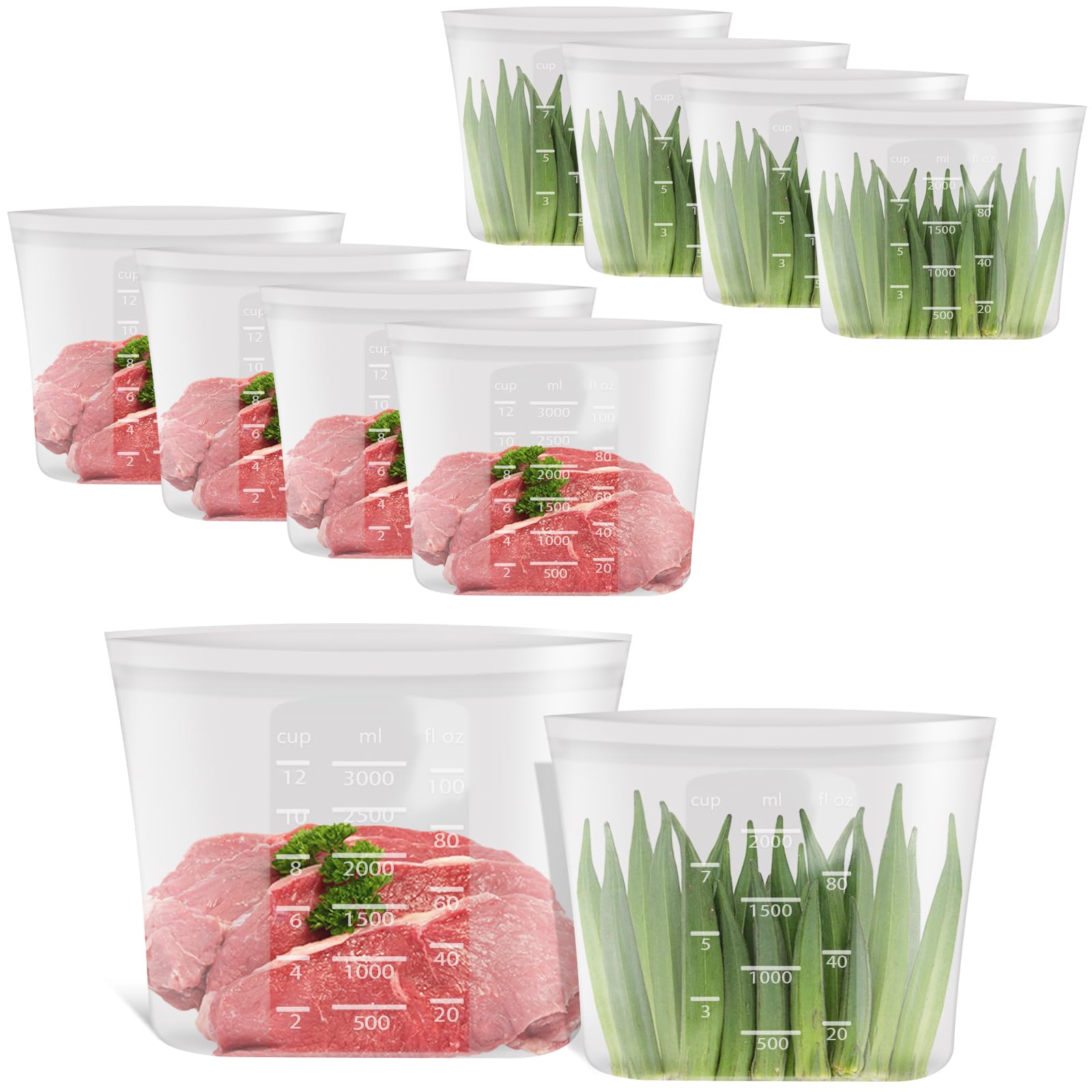 100% Platinum Silicone Reusable Storage Bags, 12 Pack, Premium Silicone Food Storage Bag Stand-Up Wide-Mouth Zip-Lock, Freezer Microwave Oven Dishwasher Safe, 4 M + 4 S + 4 XS, Crystal-Clear