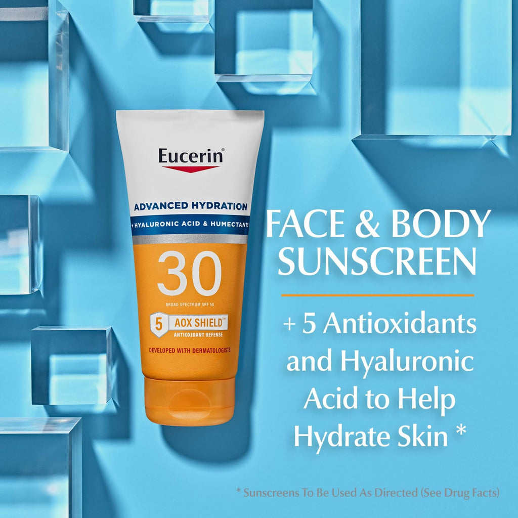 Eucerin Sun Advanced Hydration SPF 50 Sunscreen Lotion, Lightweight Sunscreen with Hyaluronic Acid and Humectants, Hypoallergenic, Fragrance Free, No Oxybenzone or Octinoxate, 5 Fl Oz Tube