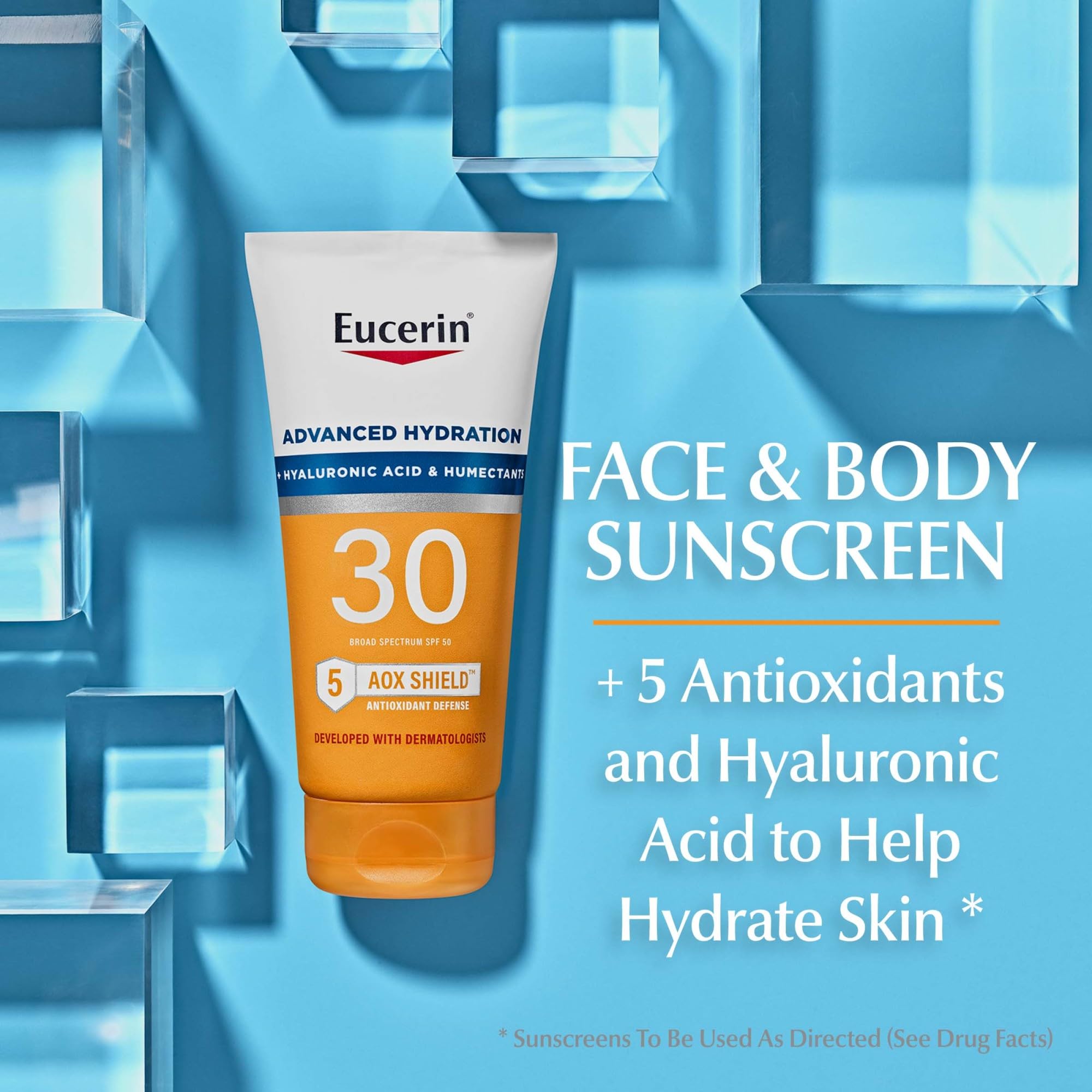 Eucerin Sun Advanced Hydration SPF 50 Sunscreen Lotion, Lightweight Sunscreen with Hyaluronic Acid and Humectants, Hypoallergenic, Fragrance Free, No Oxybenzone or Octinoxate, 5 Fl Oz Tube