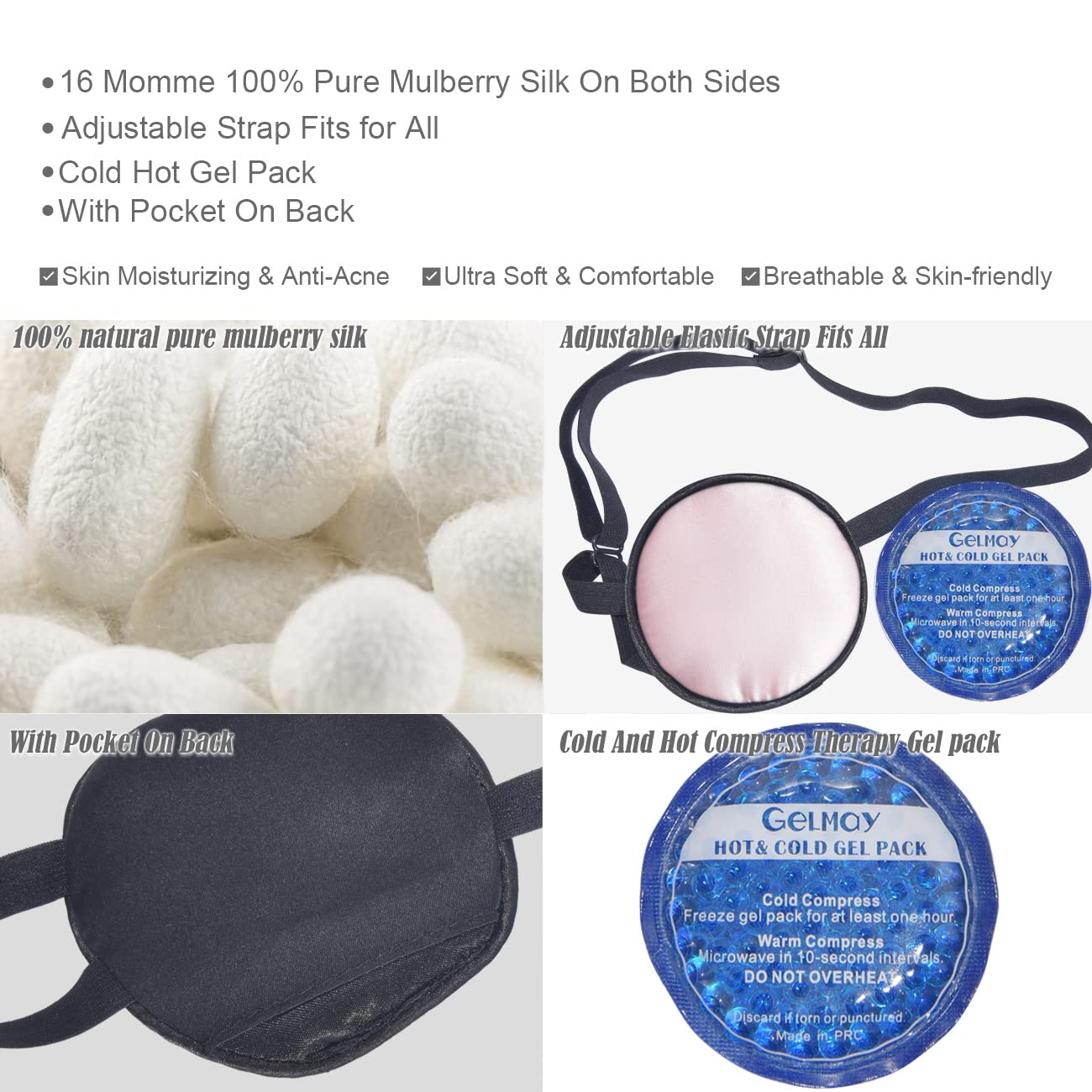 Cooling Eye Patches for Puffy Eyes, Pure Silk Ice Eye Patch, Single Eye Mask, Medical One Eye Cover Cold Hot Therapy Strabismus Lazy Eyes After Surgery Adult Kid Pirate Eyepatch (Black)