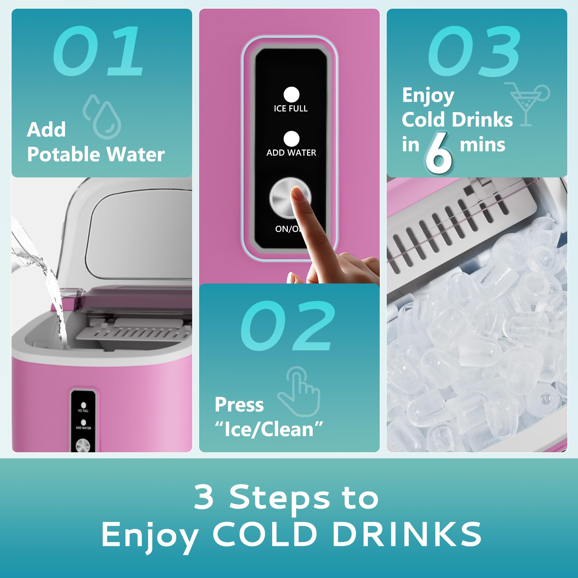 EUHOMY Ice Maker Countertop, Portable Ice Machine with Carry Handle, 26.5lbs Per Day, 9 Cubes in 6 Mins, Auto-Cleaning, with Basket and Scoop, for Home, Kitchen, Camping, RV (Silver)