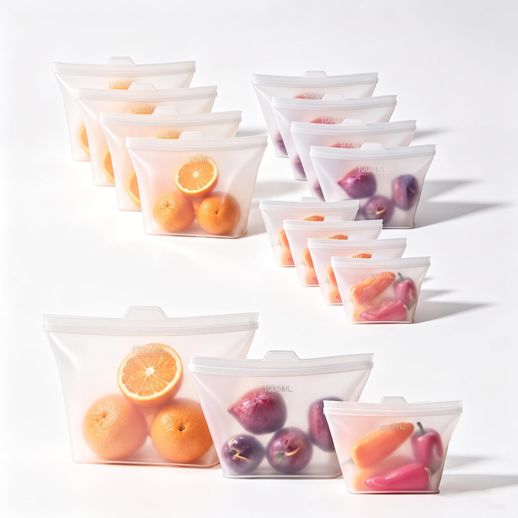 Reusable Silicone Food Storage Bags, 100% Silicone Stand-Up Wide-Open Zip-Lock Reusable Storage Bags for Food, Freezer Microwave Oven Dishwasher Safe (Translucent | M+S | 8 PC)
