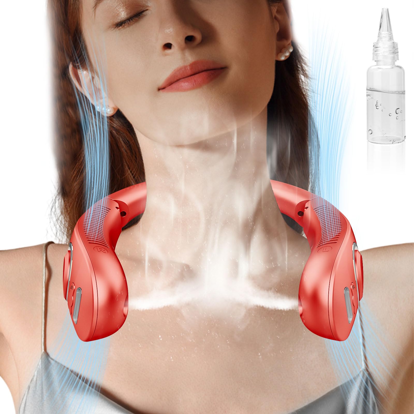 Portable Neck Fans with Mist, Rechargeable 4-9H Lasting Neck Cooling that Blow Cold Air, 5 Speeds & LED display, USB-C Bladeless Folding Personal Mister for Kid Adult Indoor Outdoors Sports, White