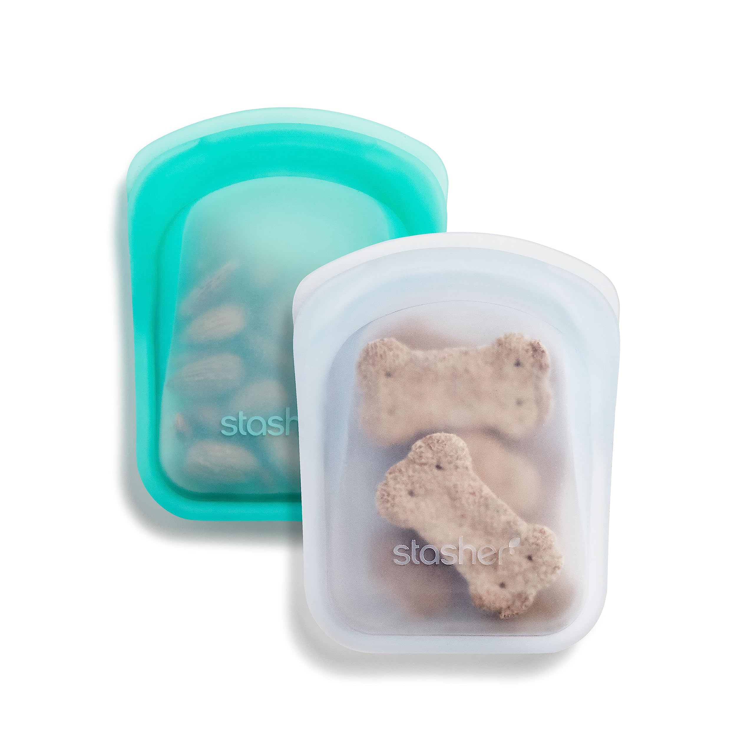 Stasher Silicone Reusable Storage Bag, Pocket Bags 2-Pack, Microwave, Dishwasher, Oven Safe, Sous Vide, Eco Friendly, Leak-free, Food-safe Silicone Snack Bags for Travel, 4 oz, Clear & Deep Ocean | Reusable Food Bags